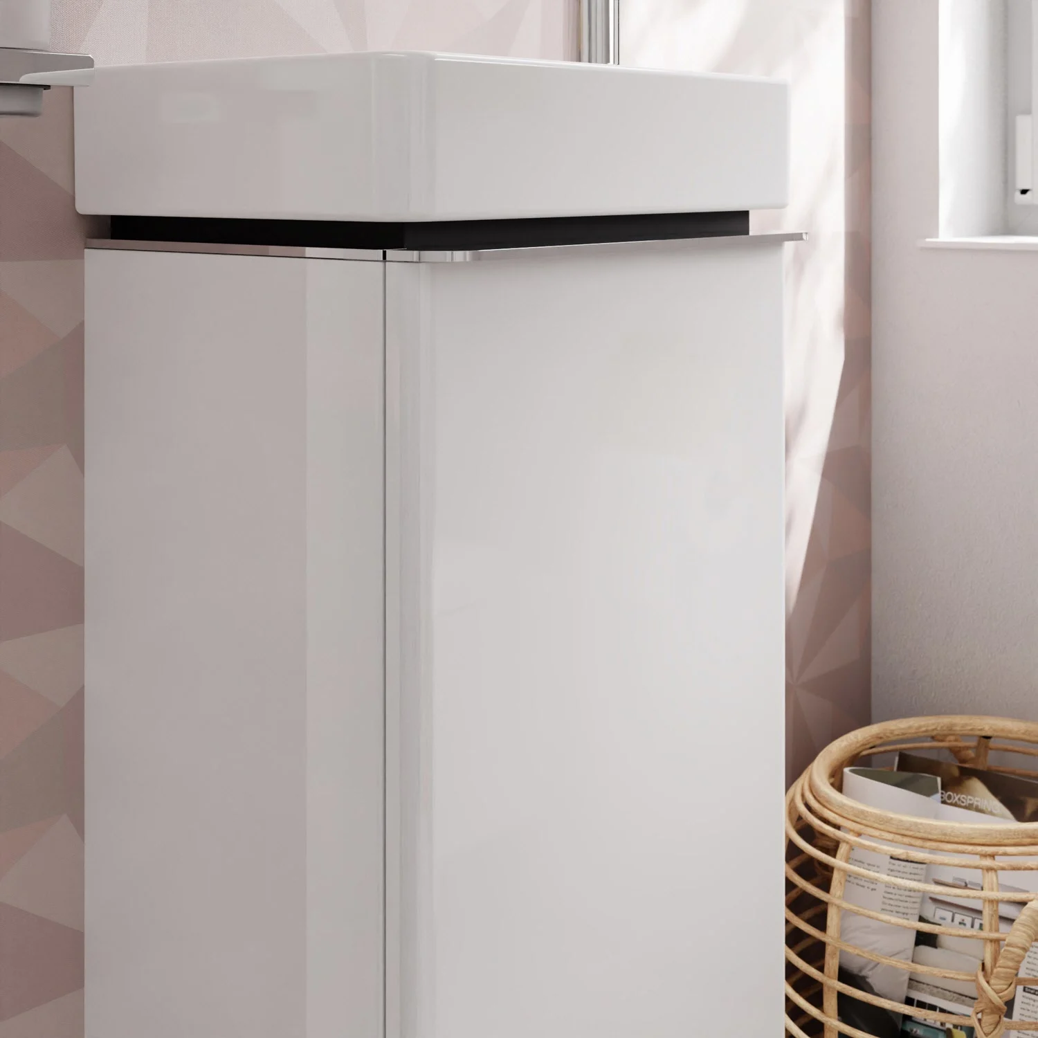 Biała szafka pod umywalkę w łazience, hansgrohe