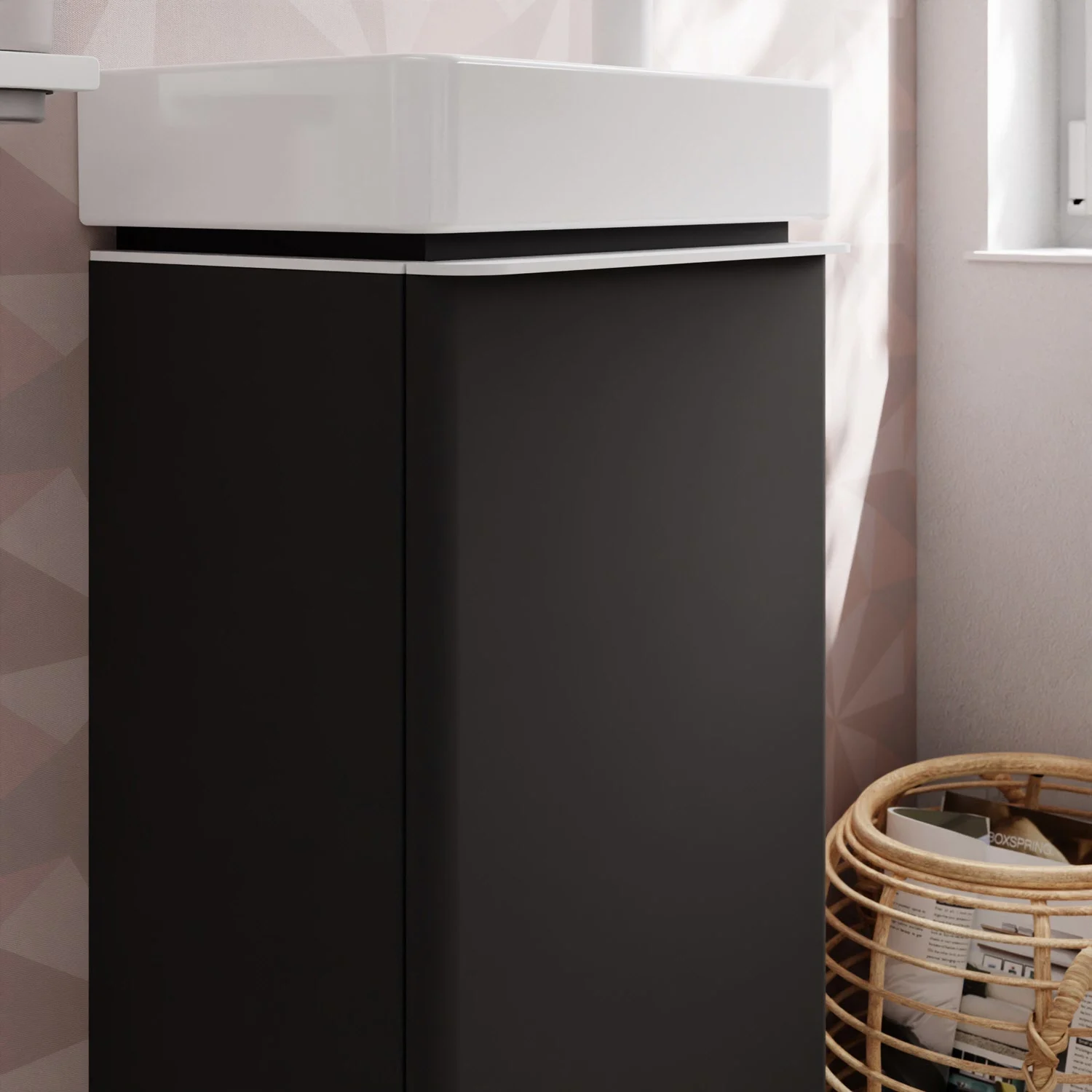 Czarna szafka pod umywalkę w łazience, hansgrohe
