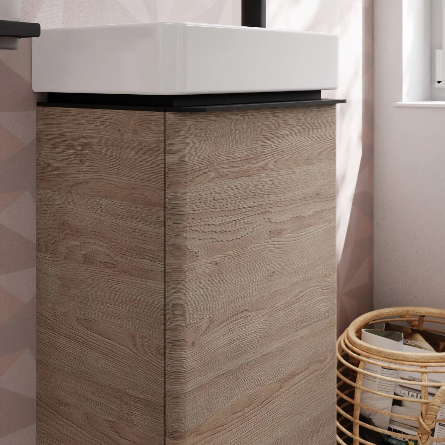 Szafka pod umywalkę w drewnianym wyglądzie z ciemnym akcentem, hansgrohe