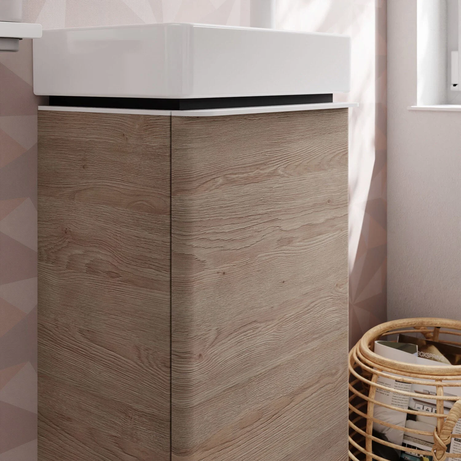 Szafka pod umywalkę w drewnianym wyglądzie w łazience, hansgrohe
