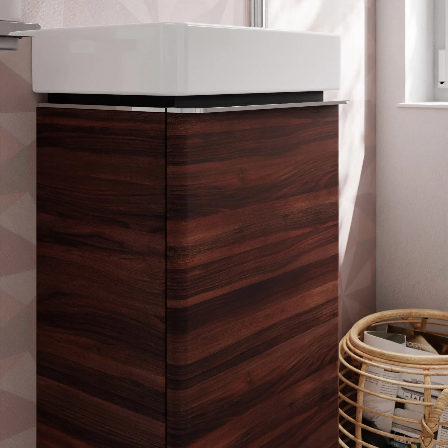 Zbliżenie drewnianej szafki umywalkowej w łazience, hansgrohe