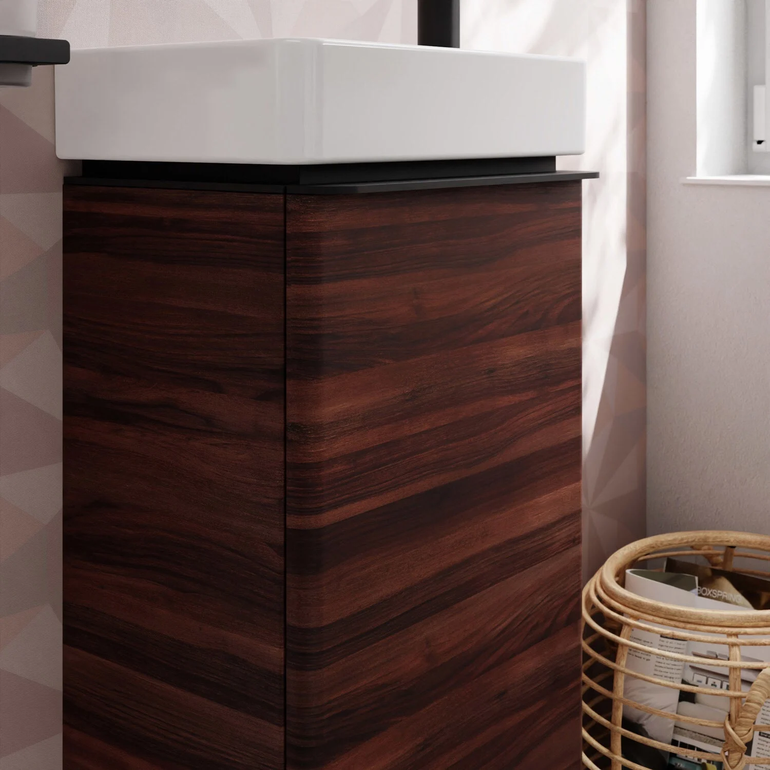 Zbliżenie ciemnej drewnianej szafki umywalkowej w łazience, hansgrohe