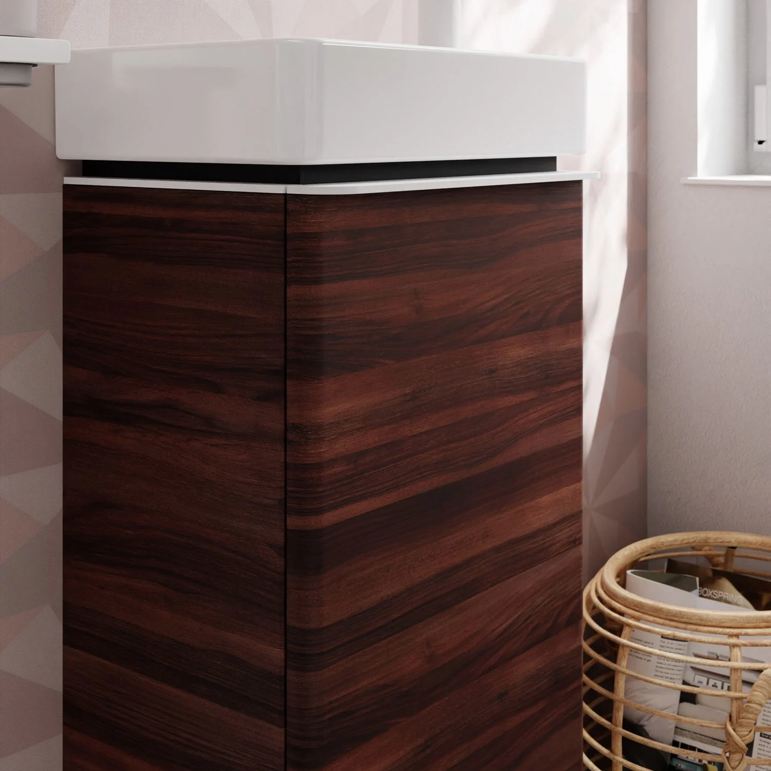 Zbliżenie drewnianej szafki umywalkowej w łazience, hansgrohe