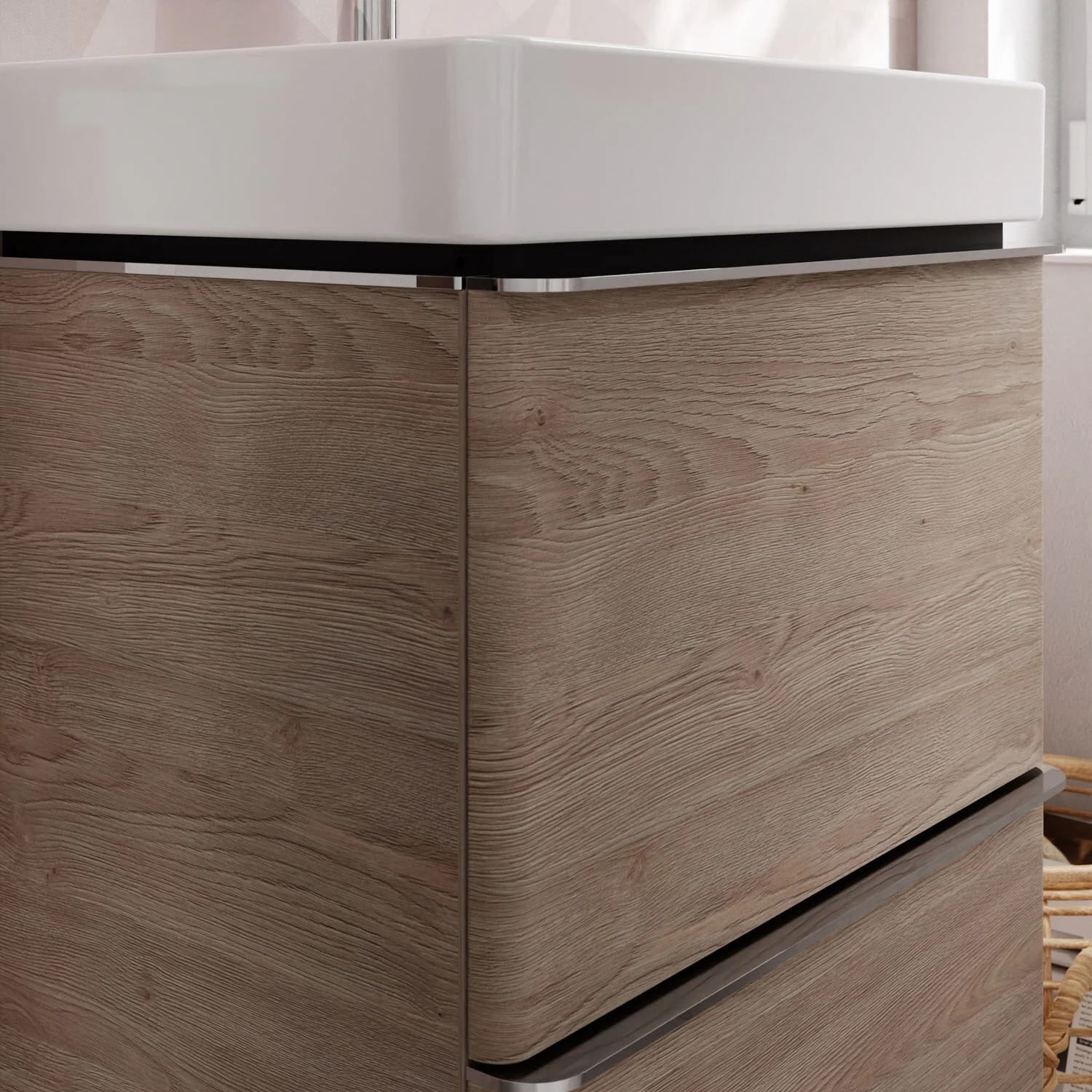 Zbliżenie szafki pod umywalkę w jasnym drewnie, hansgrohe