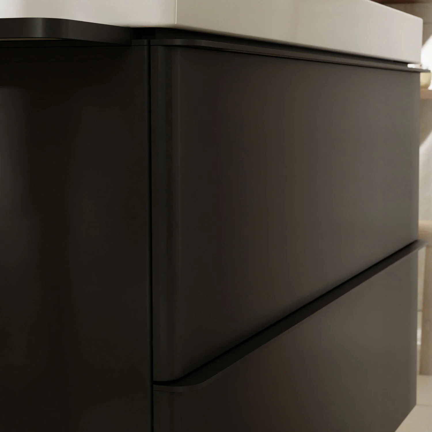 Zbliżenie czarnej szafki pod umywalkę, hansgrohe