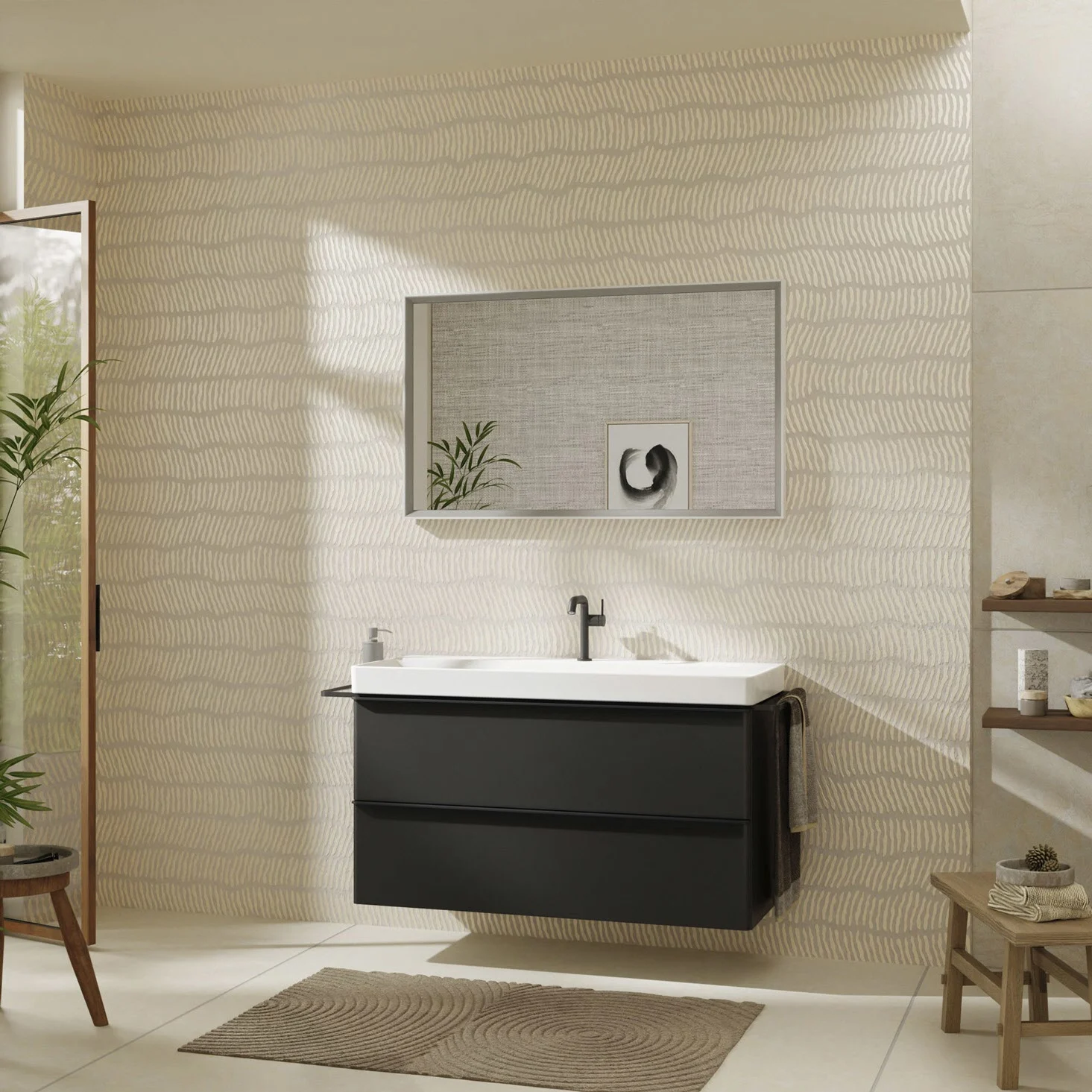 Łazienka z czarną szafką pod umywalkę i czarną baterią, hansgrohe