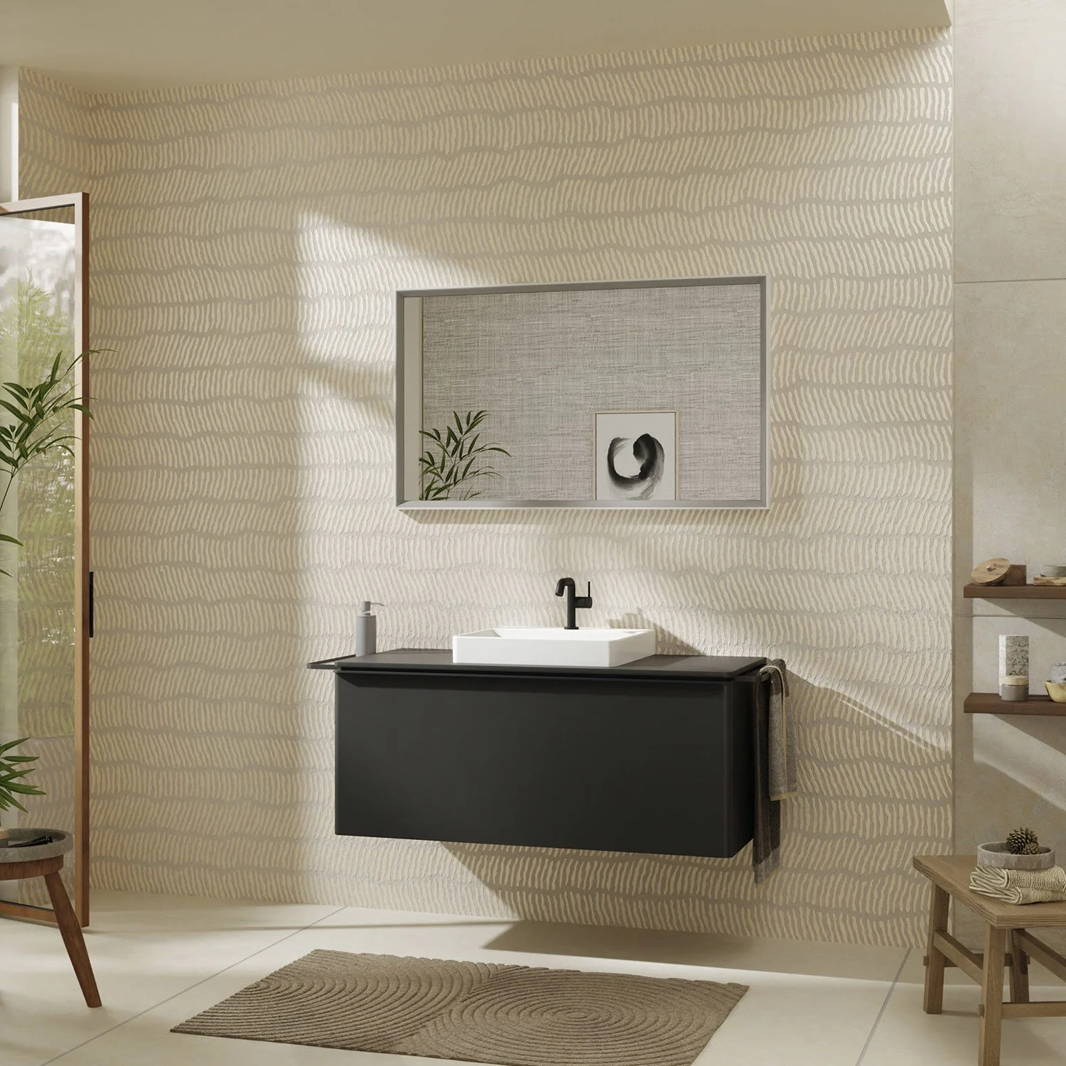 Czarna szafka pod umywalkę w nowoczesnej łazience, hansgrohe