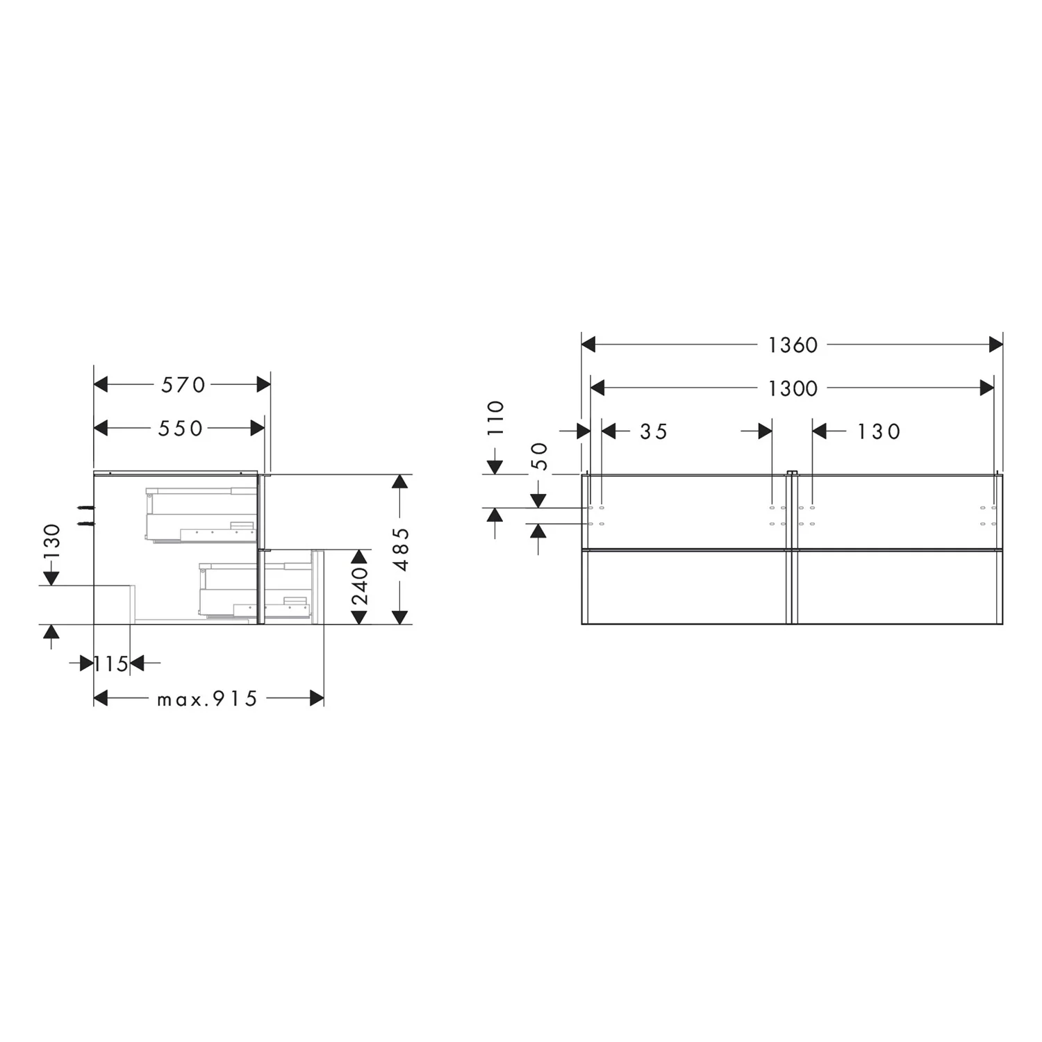 hansgrohe Xelu Q Waschtischunterschrank für Konsole 136 x 48,5 cm, 4 Schubkästen, Griff mattschwarz Bild 4