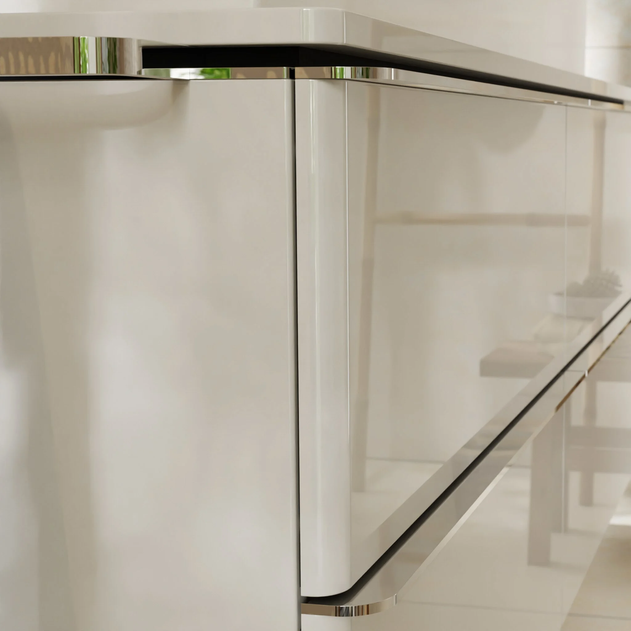 Zbliżenie białej szafki umywalkowej z metalicznym uchwytem, hansgrohe