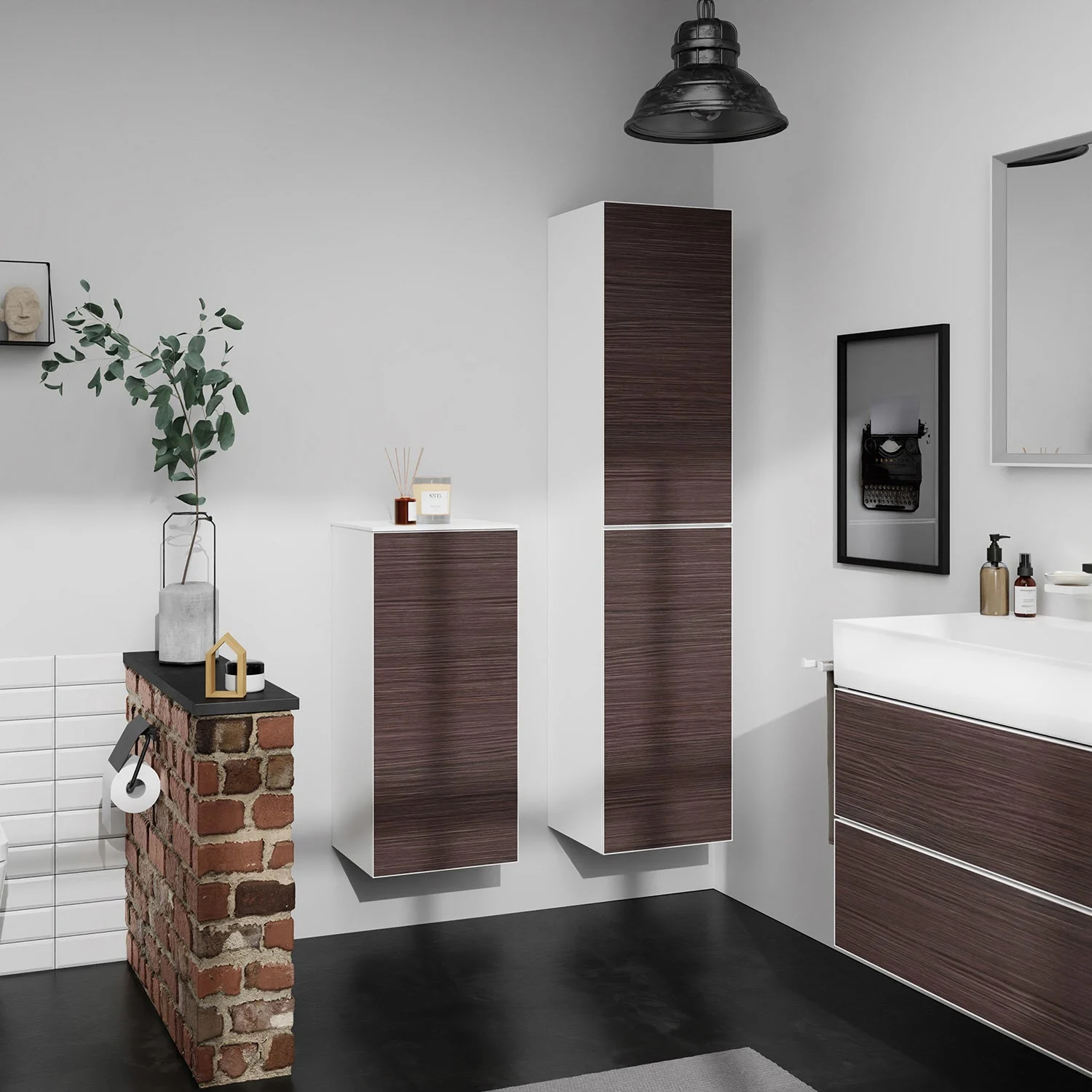 Łazienka z dwoma wiszącymi szafkami i umywalką, hansgrohe