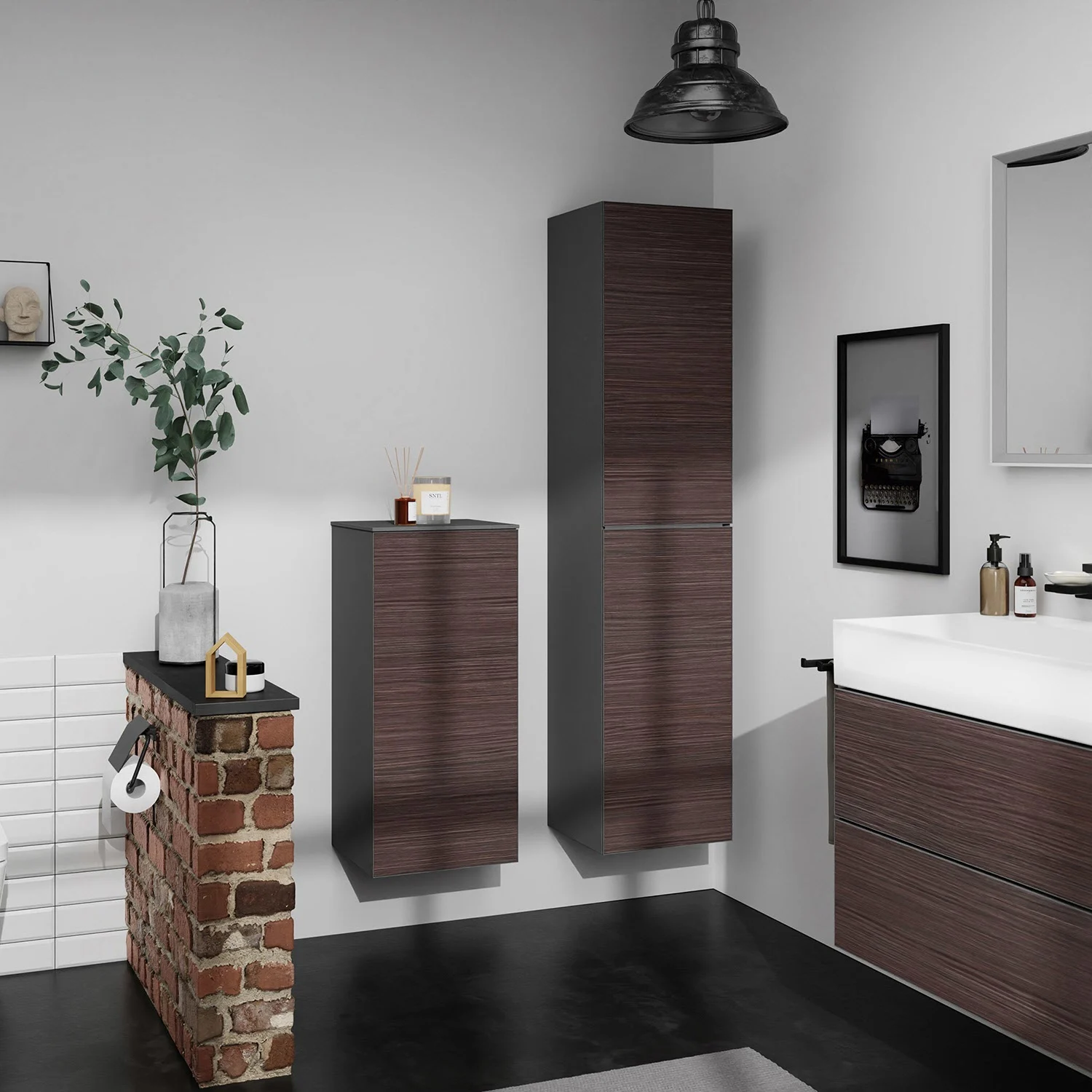 Łazienka z ciemnymi drewnianymi szafkami i umywalką, hansgrohe