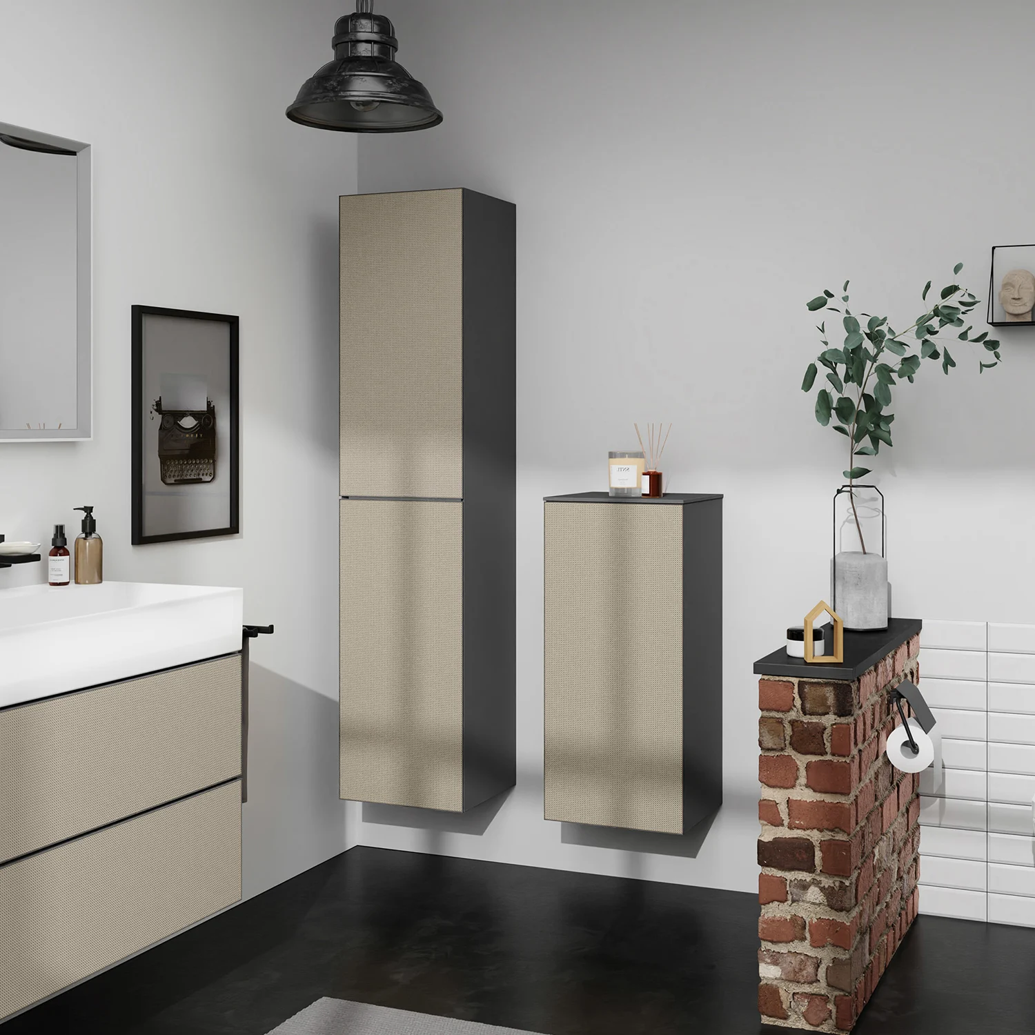 Łazienka z szafkami i umywalką, hansgrohe
