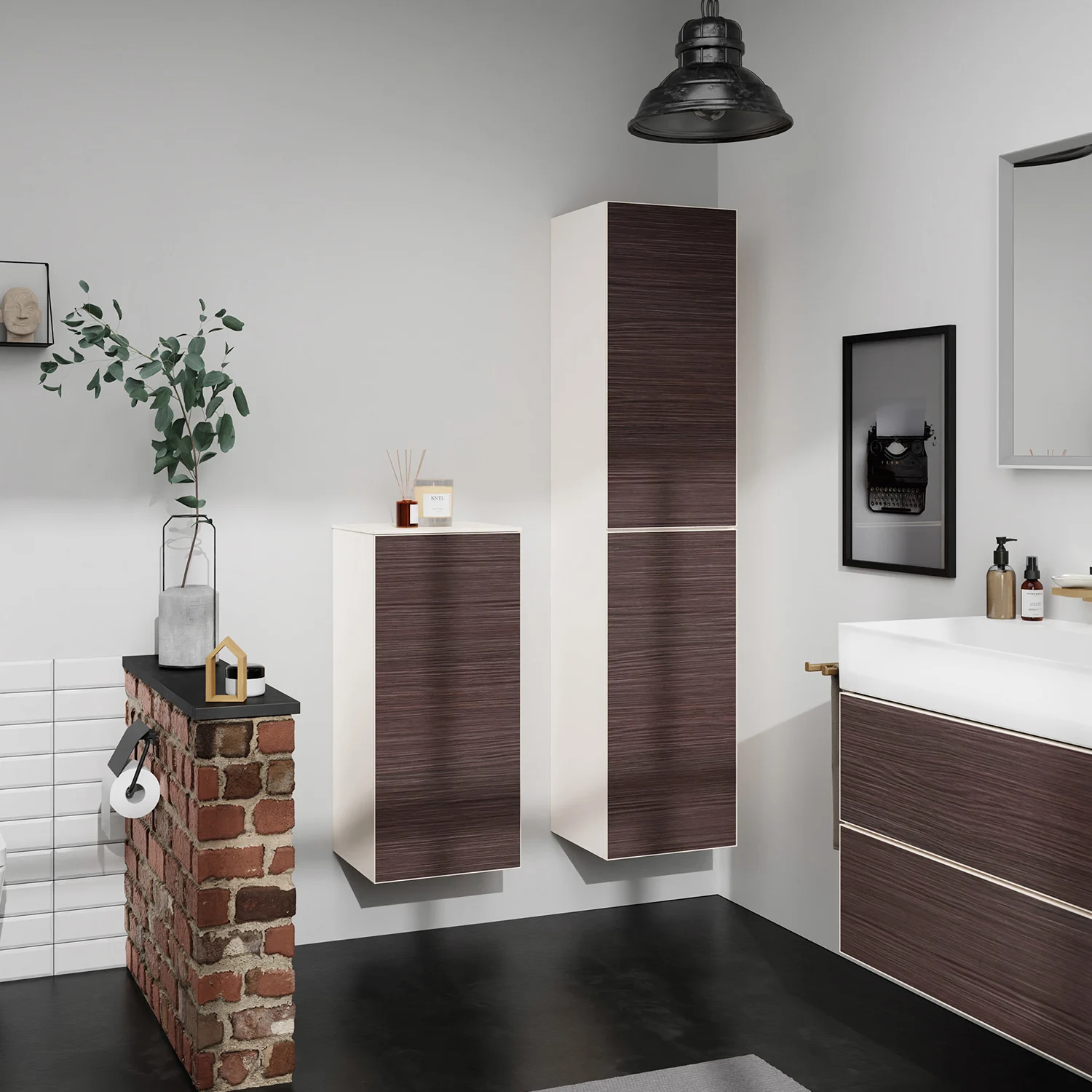 Łazienka z dwoma wiszącymi szafkami, hansgrohe