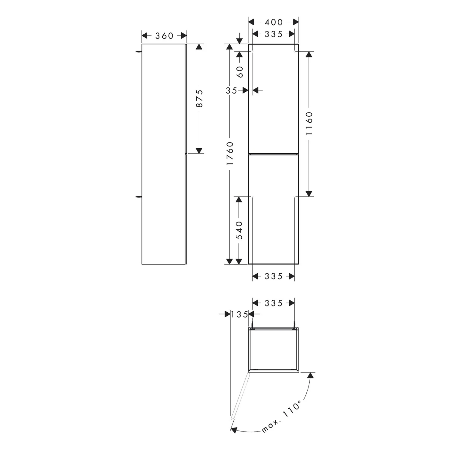 Rysunek techniczny wysokiej szafki z wymiarami, hansgrohe