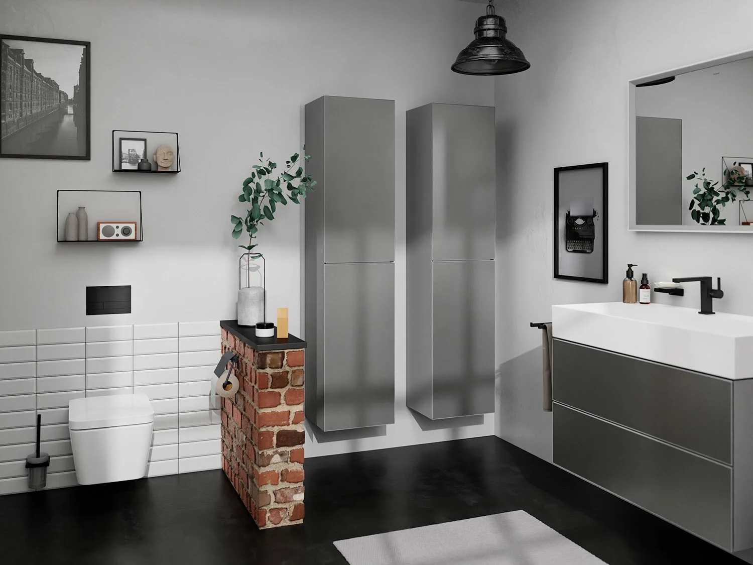 Łazienka z szarymi wysokimi szafkami i umywalką, hansgrohe