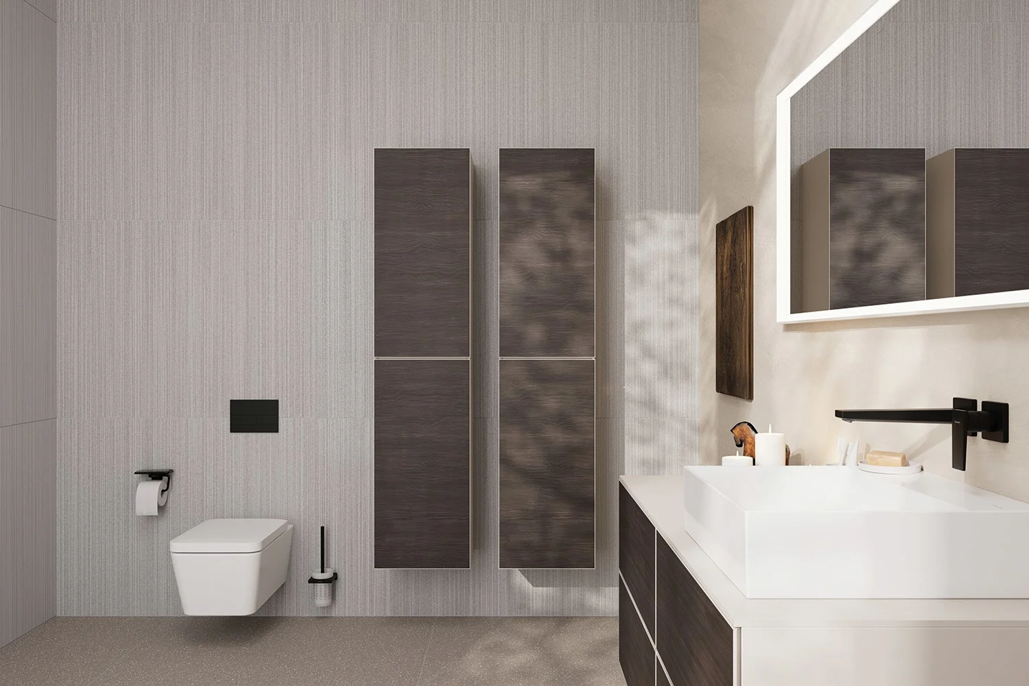 Łazienka z wysokimi szafkami i umywalką, hansgrohe