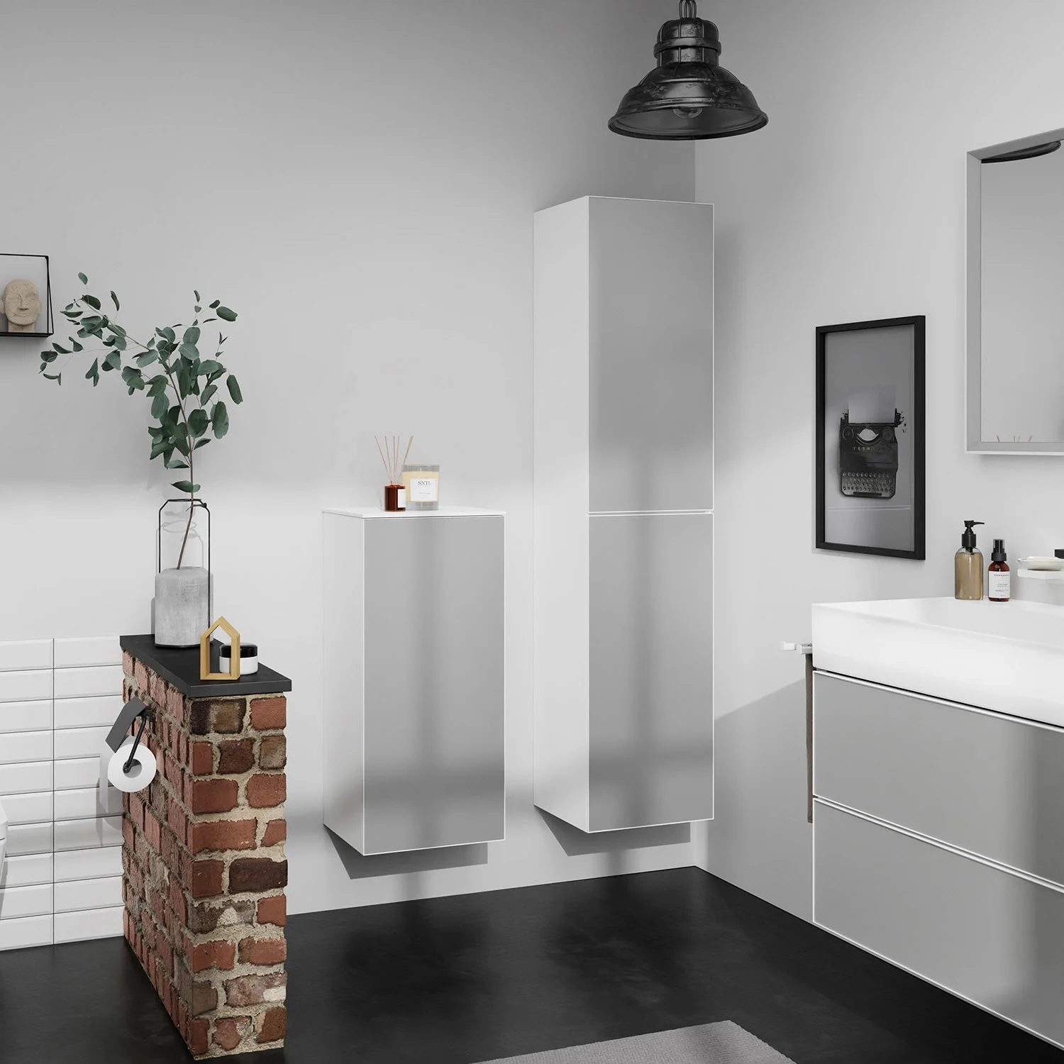 Łazienka z białymi szafkami i umywalką, hansgrohe