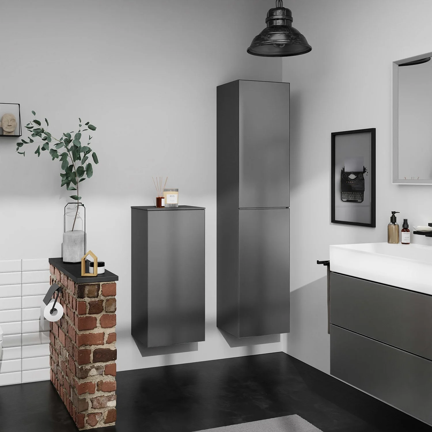 Łazienka z szarą szafką wysoką i umywalką, hansgrohe