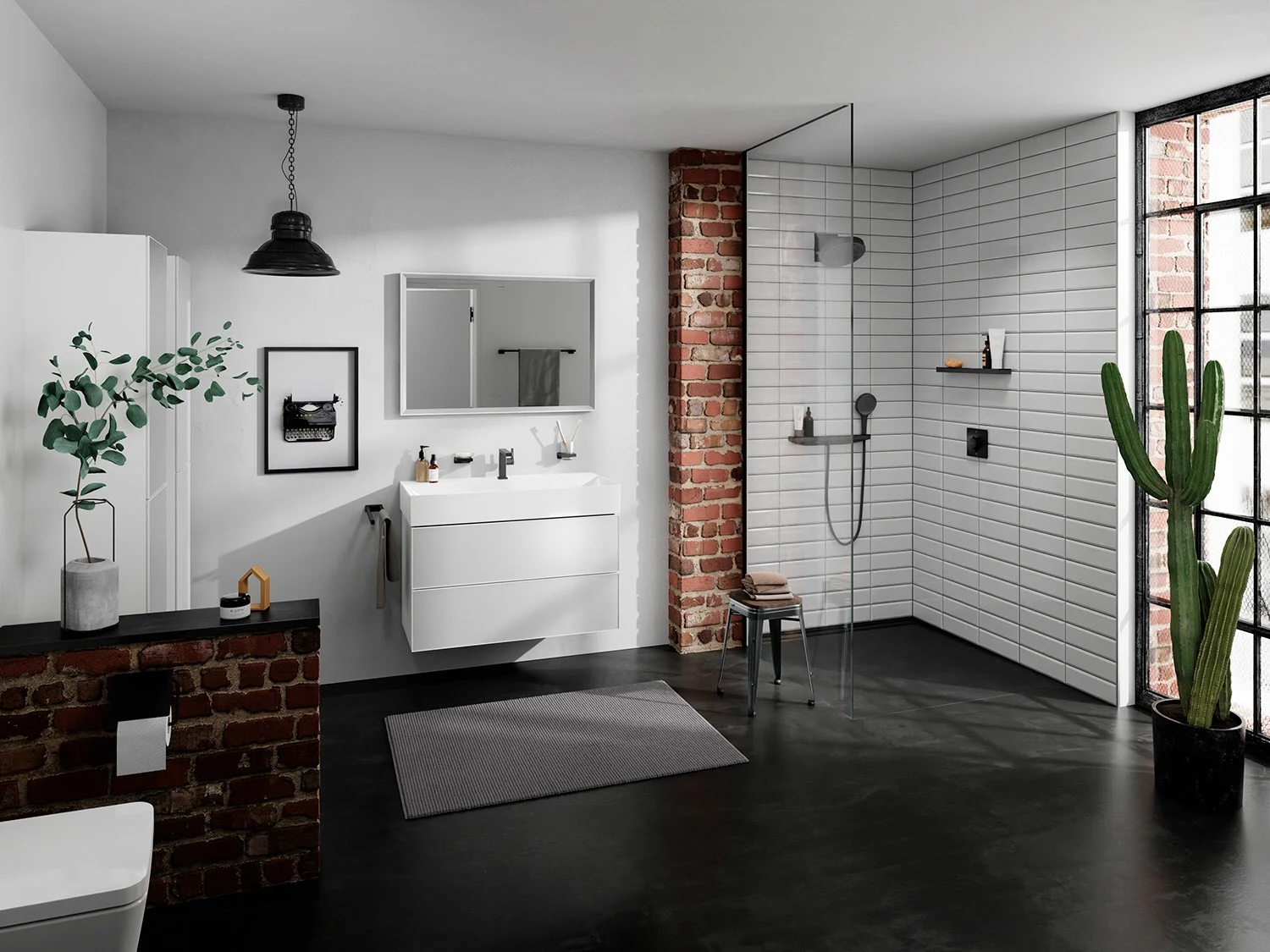 Łazienka z szafką pod umywalkę i prysznicem, hansgrohe