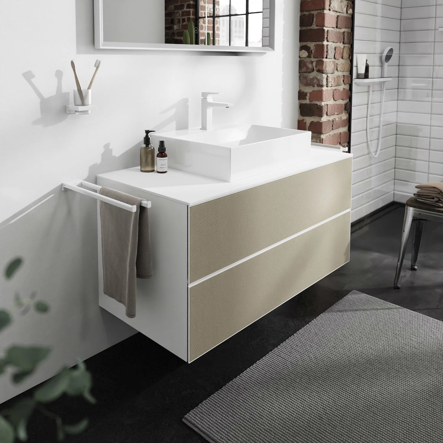 Biała umywalka w nowoczesnej łazience, hansgrohe