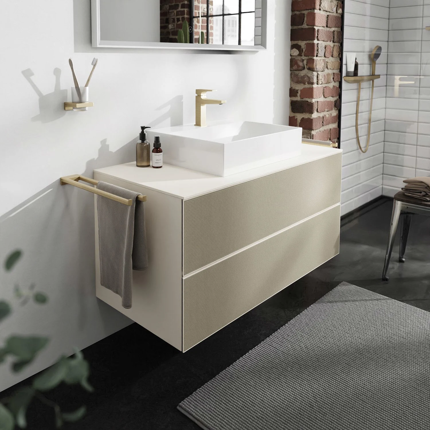 Beżowa umywalka w nowoczesnej łazience, hansgrohe