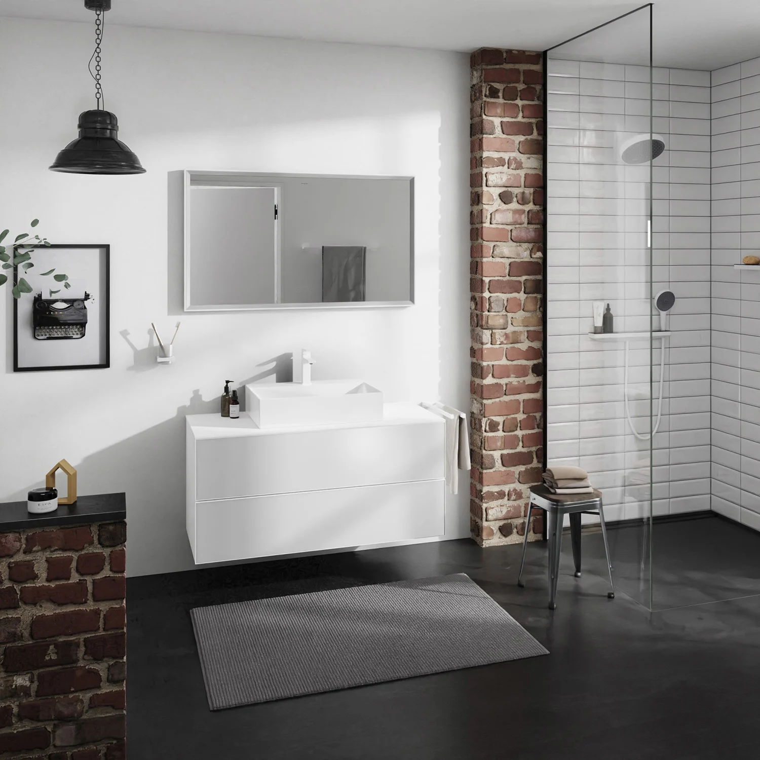 Nowoczesna łazienka z białą umywalką, hansgrohe