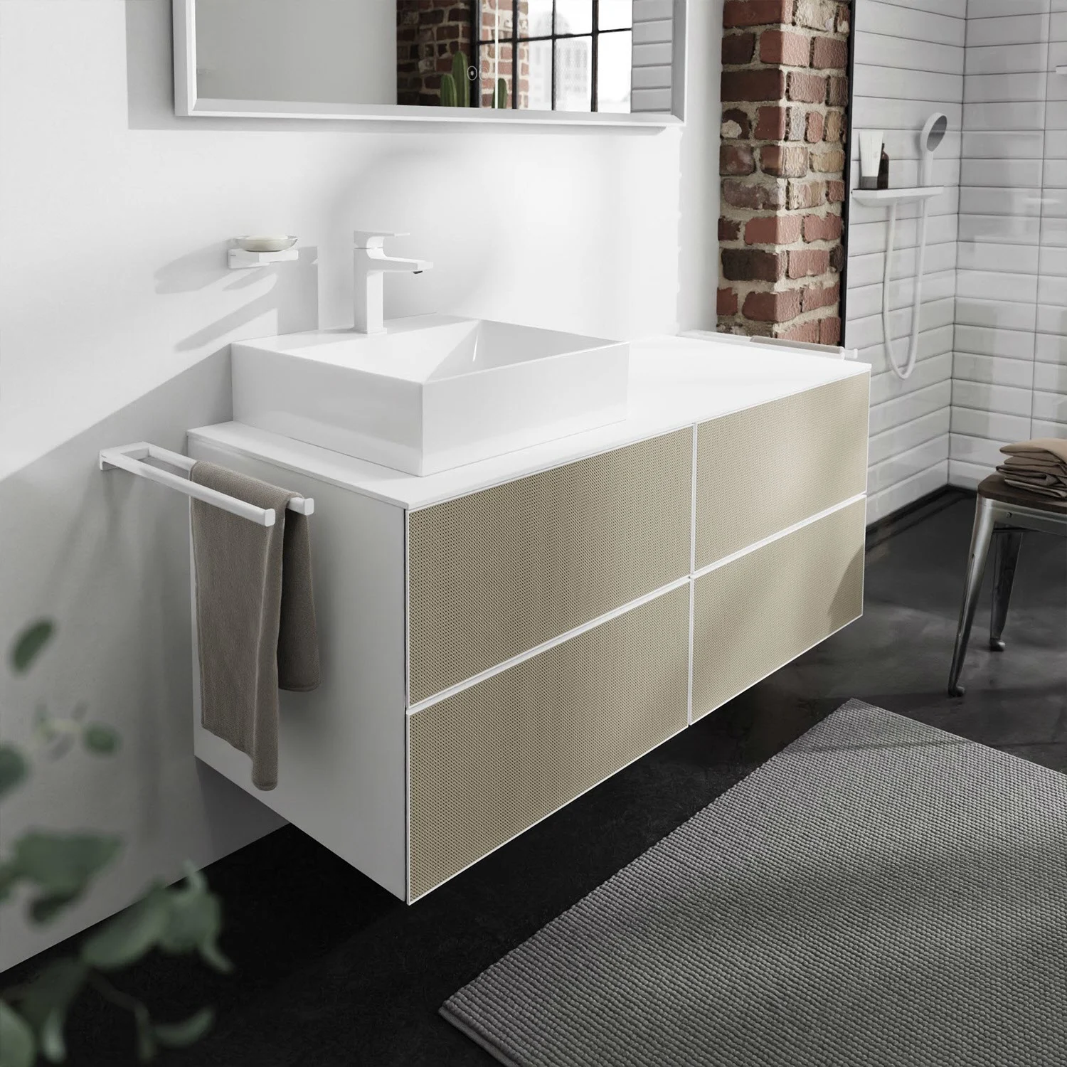 Umywalka z szafką w nowoczesnej łazience, hansgrohe