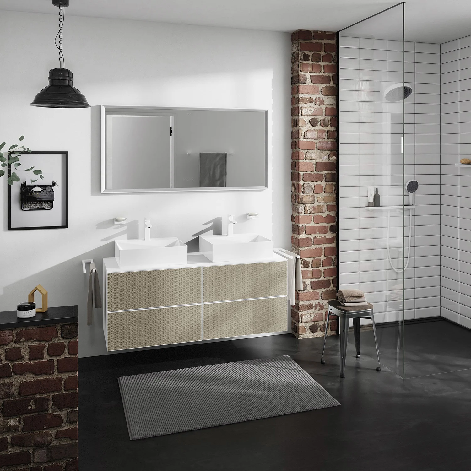 Nowoczesna łazienka z beżową szafką i prysznicem, hansgrohe