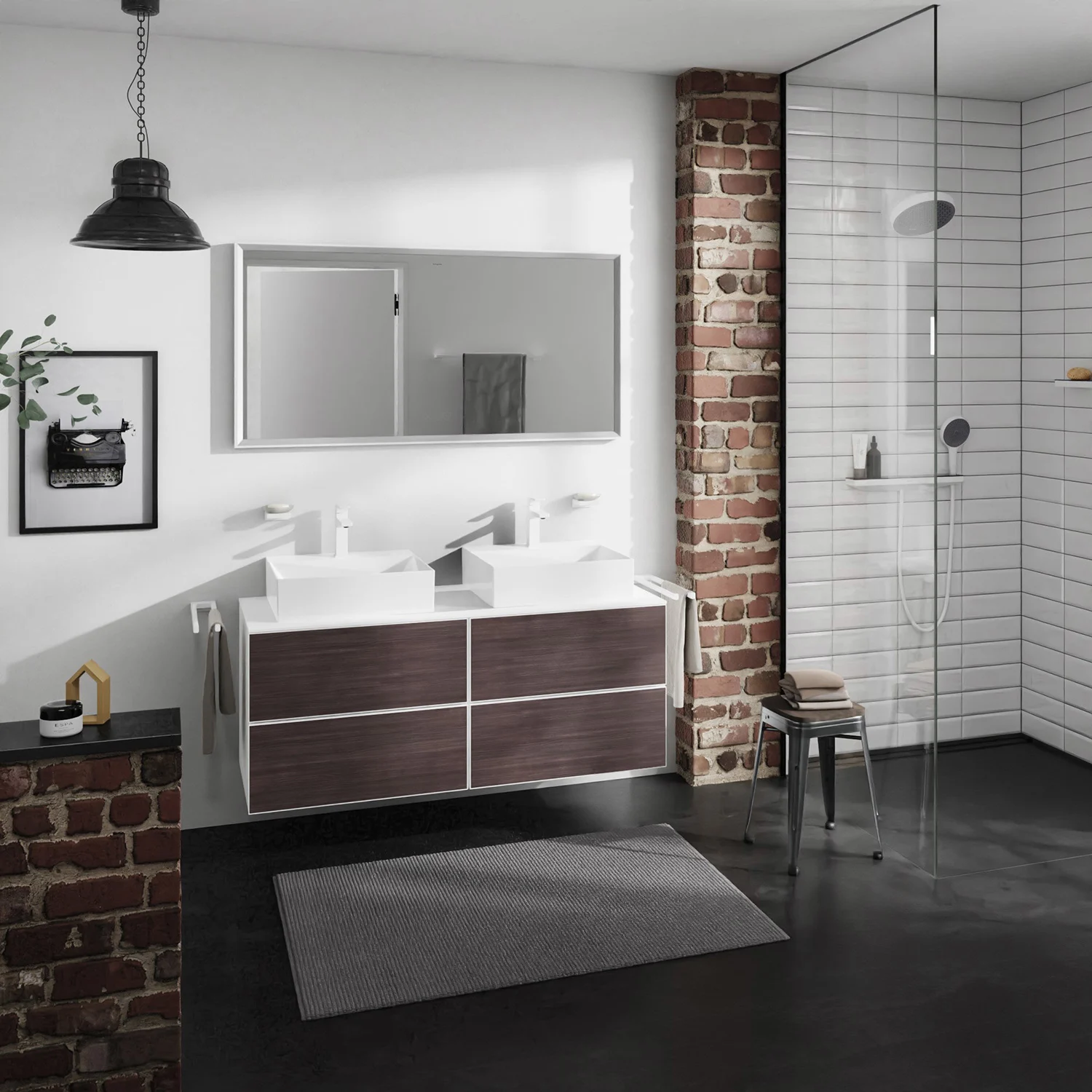 Nowoczesna łazienka z brązową szafką i prysznicem, hansgrohe