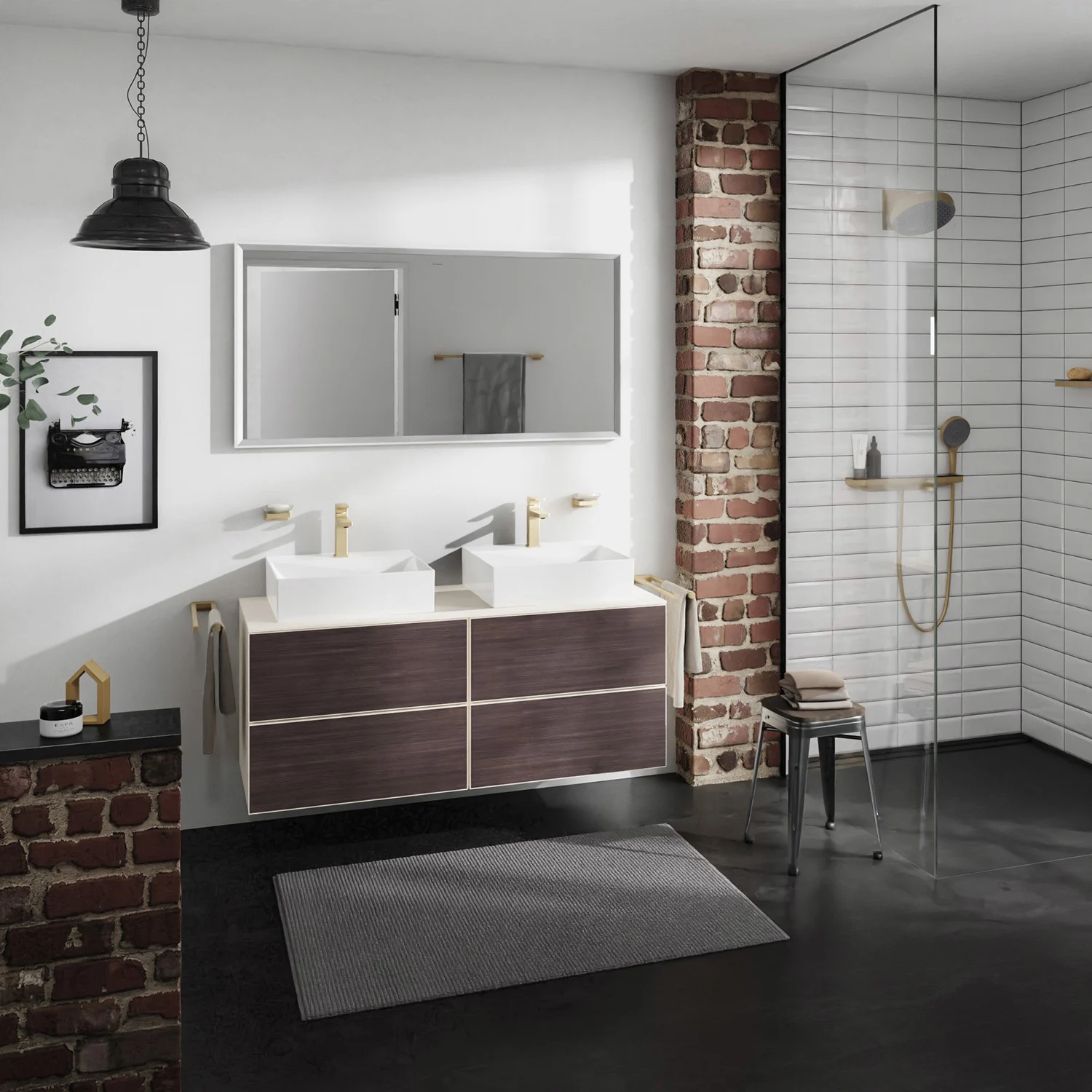 Łazienka z podwójną umywalką i prysznicem, hansgrohe