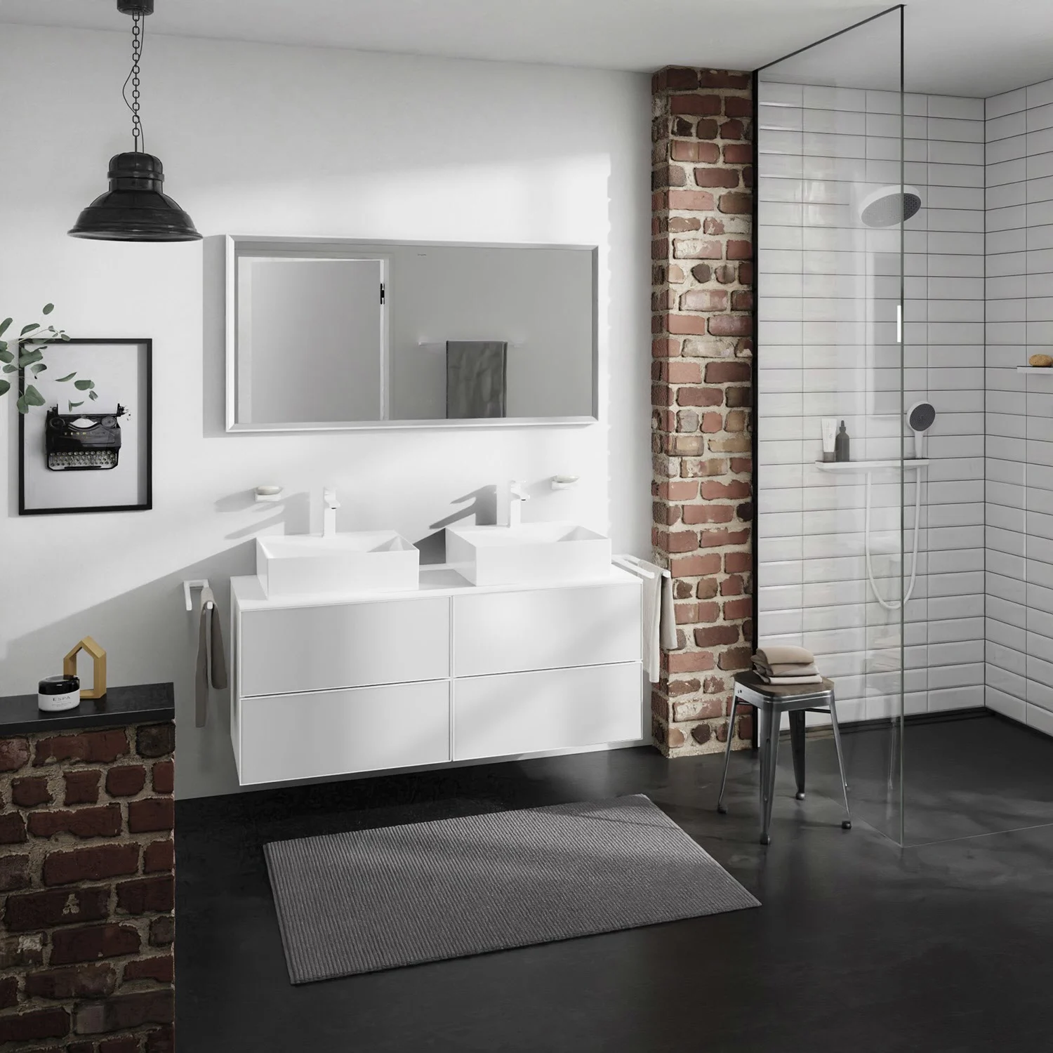 Nowoczesna łazienka z podwójną umywalką i prysznicem, hansgrohe