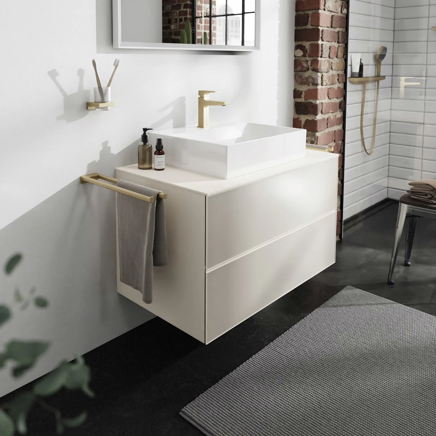 Beżowa konsola umywalkowa w nowoczesnej łazience, hansgrohe