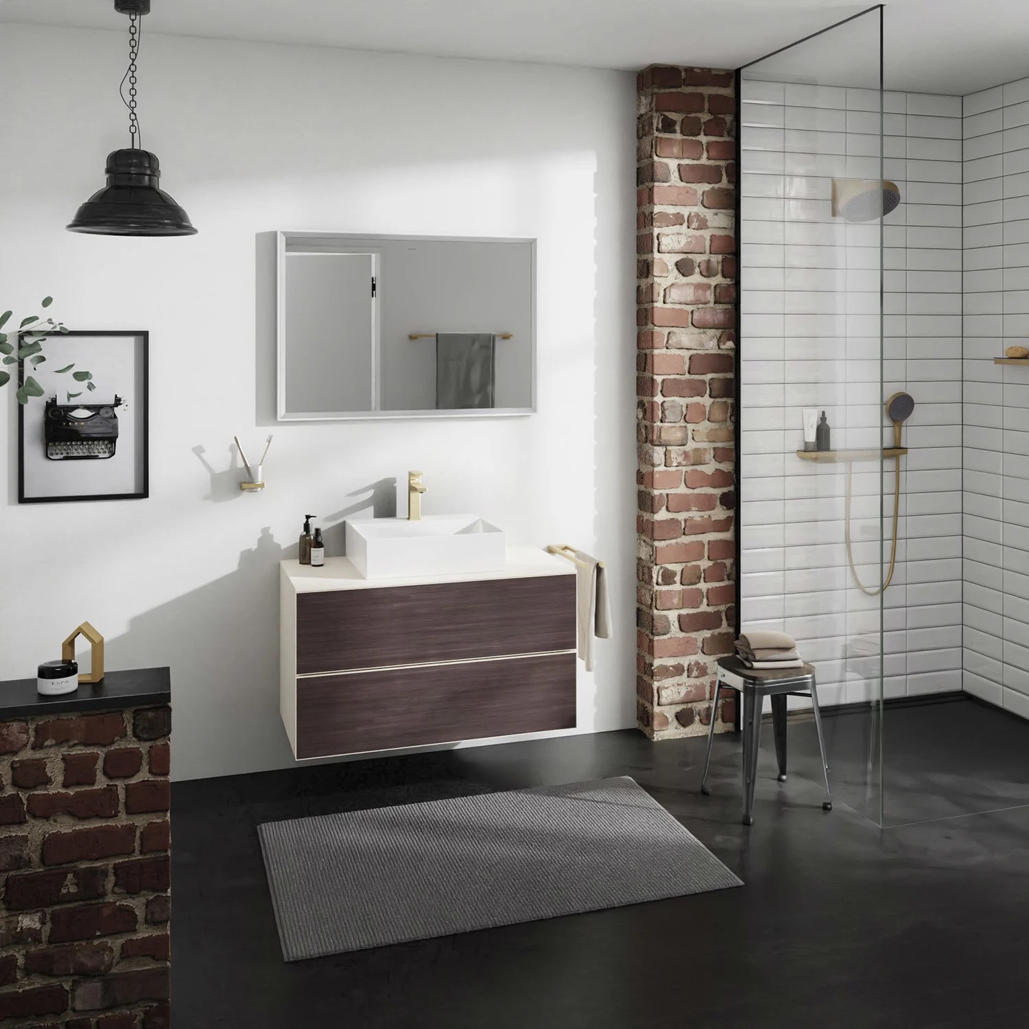 Łazienka z konsolą umywalkową i prysznicem, hansgrohe