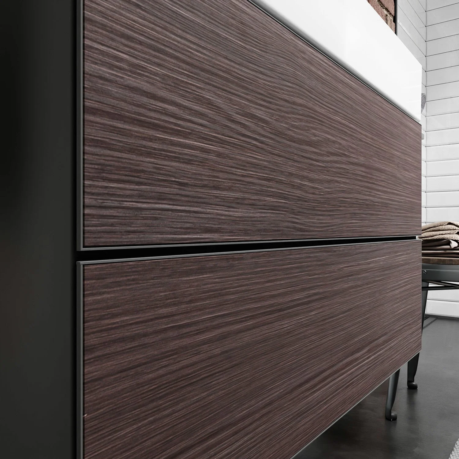 Zbliżenie szafki pod umywalkę z wykończeniem drewnianym, hansgrohe