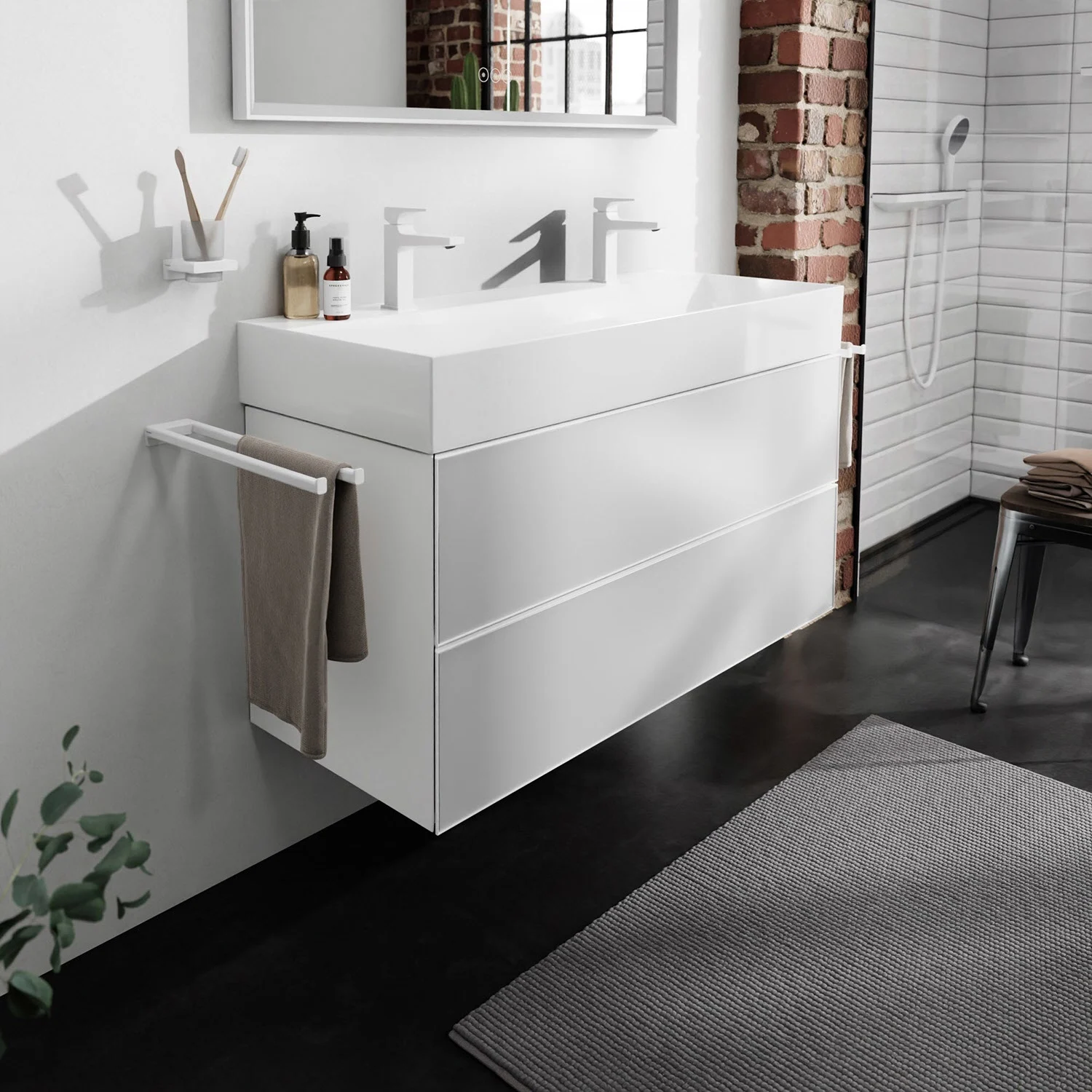 Biała szafka pod umywalkę w łazience, hansgrohe