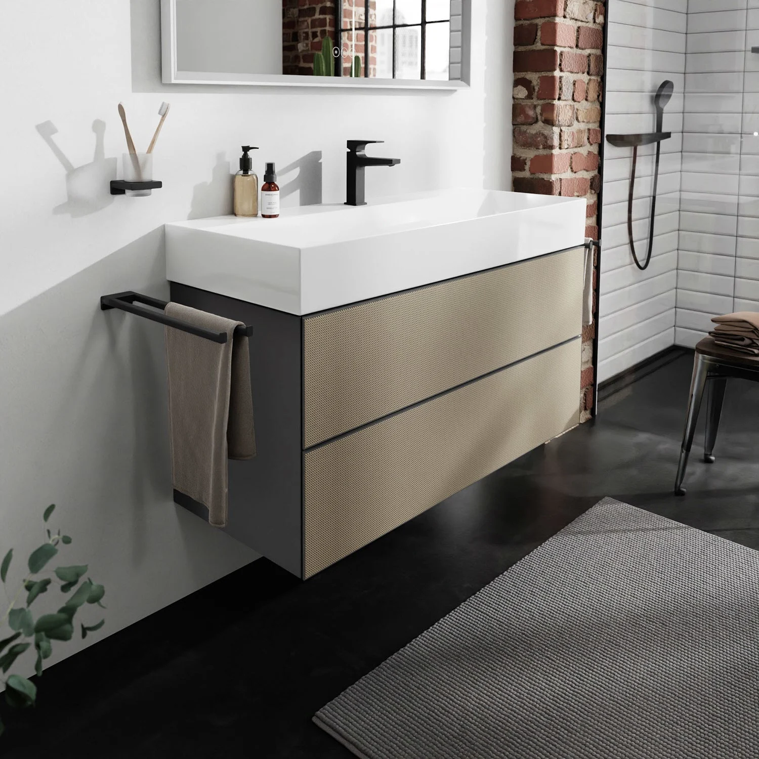 Beżowa szafka pod umywalkę w nowoczesnej łazience, hansgrohe