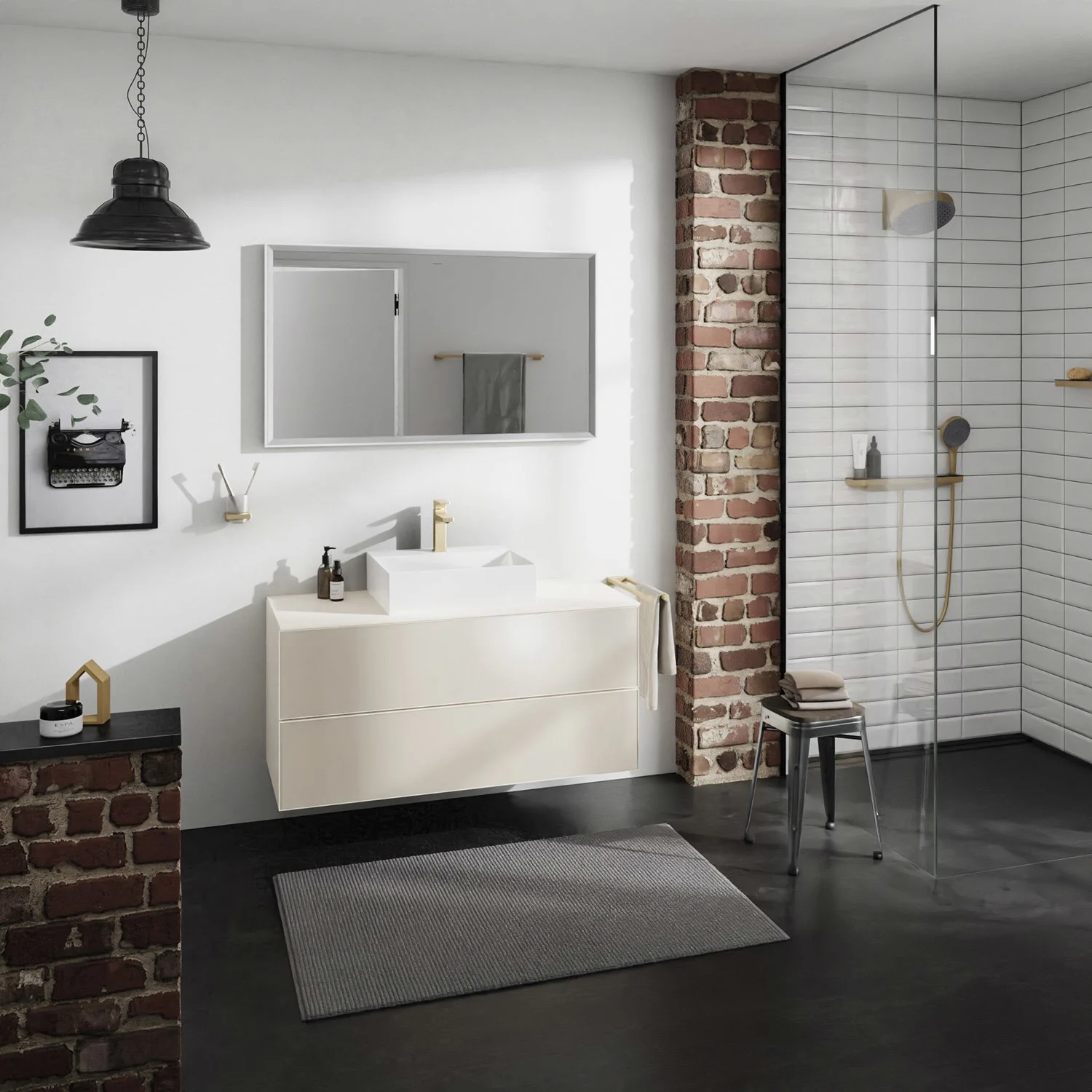 Łazienka z beżową umywalką i prysznicem, hansgrohe