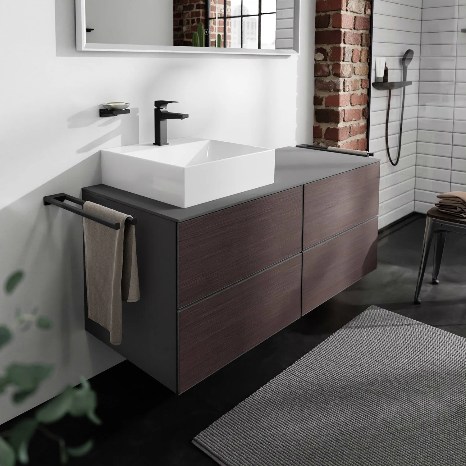 Brązowa szafka pod umywalkę z uchwytem na ręcznik w łazience, hansgrohe