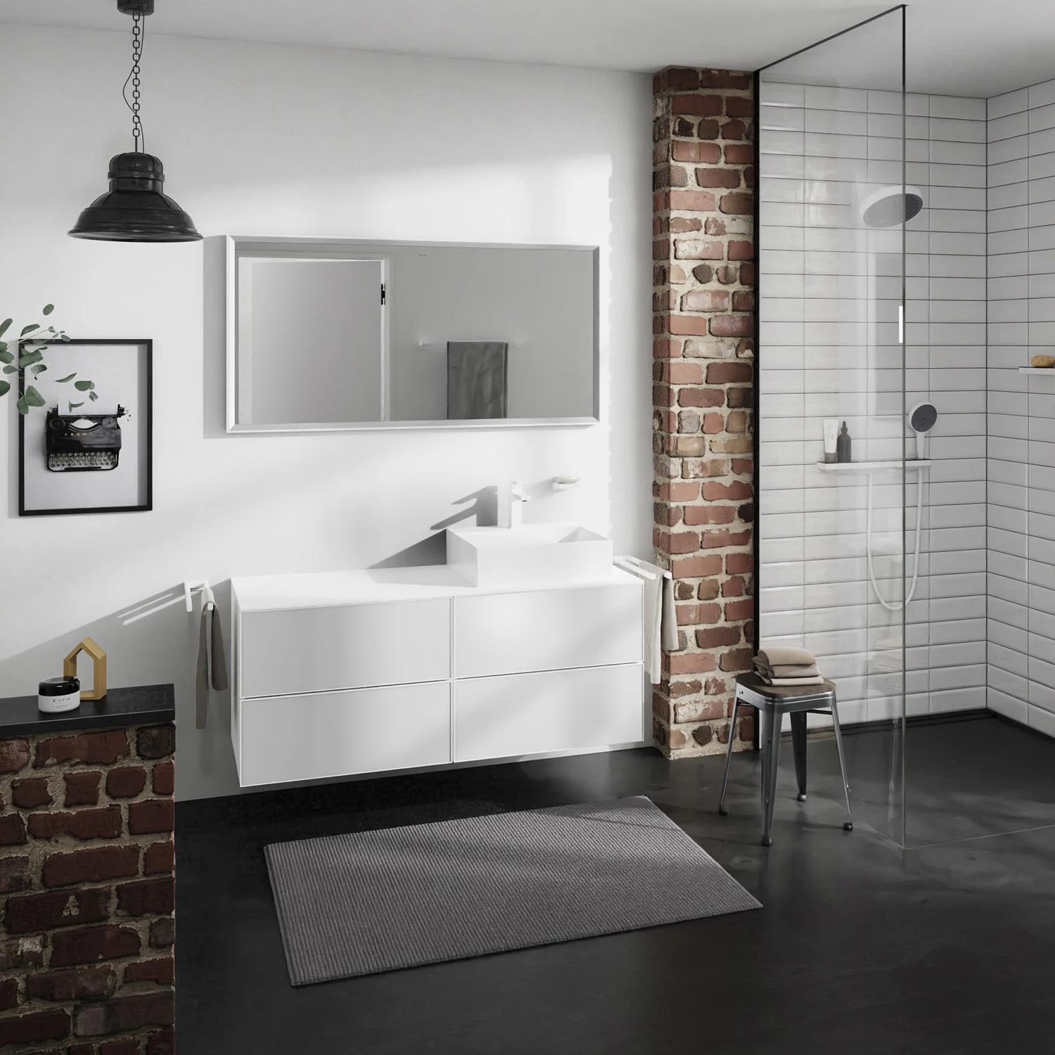 Łazienka z białą szafką pod umywalkę i prysznicem, hansgrohe