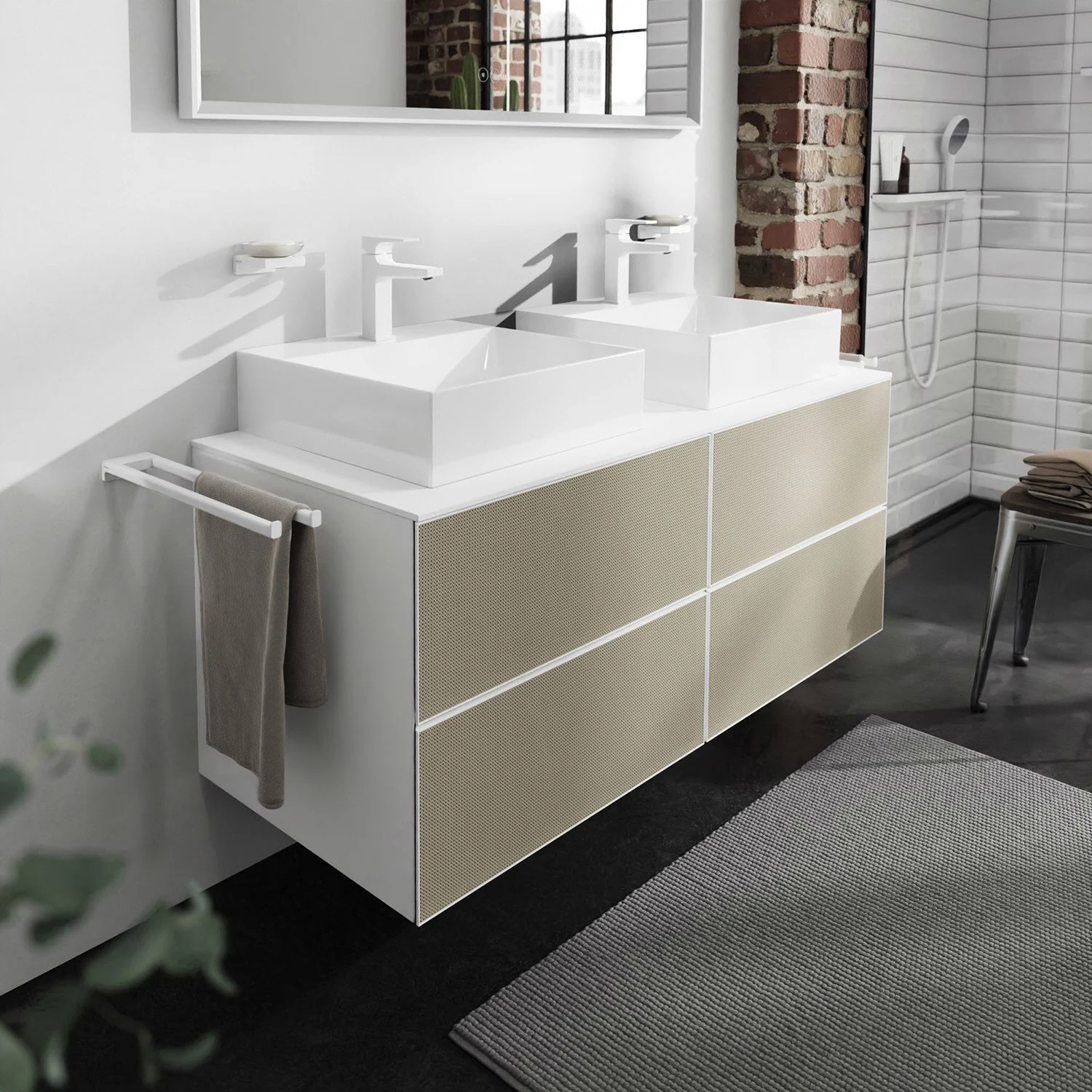 Zbliżenie beżowej szafki pod umywalkę w łazience, hansgrohe