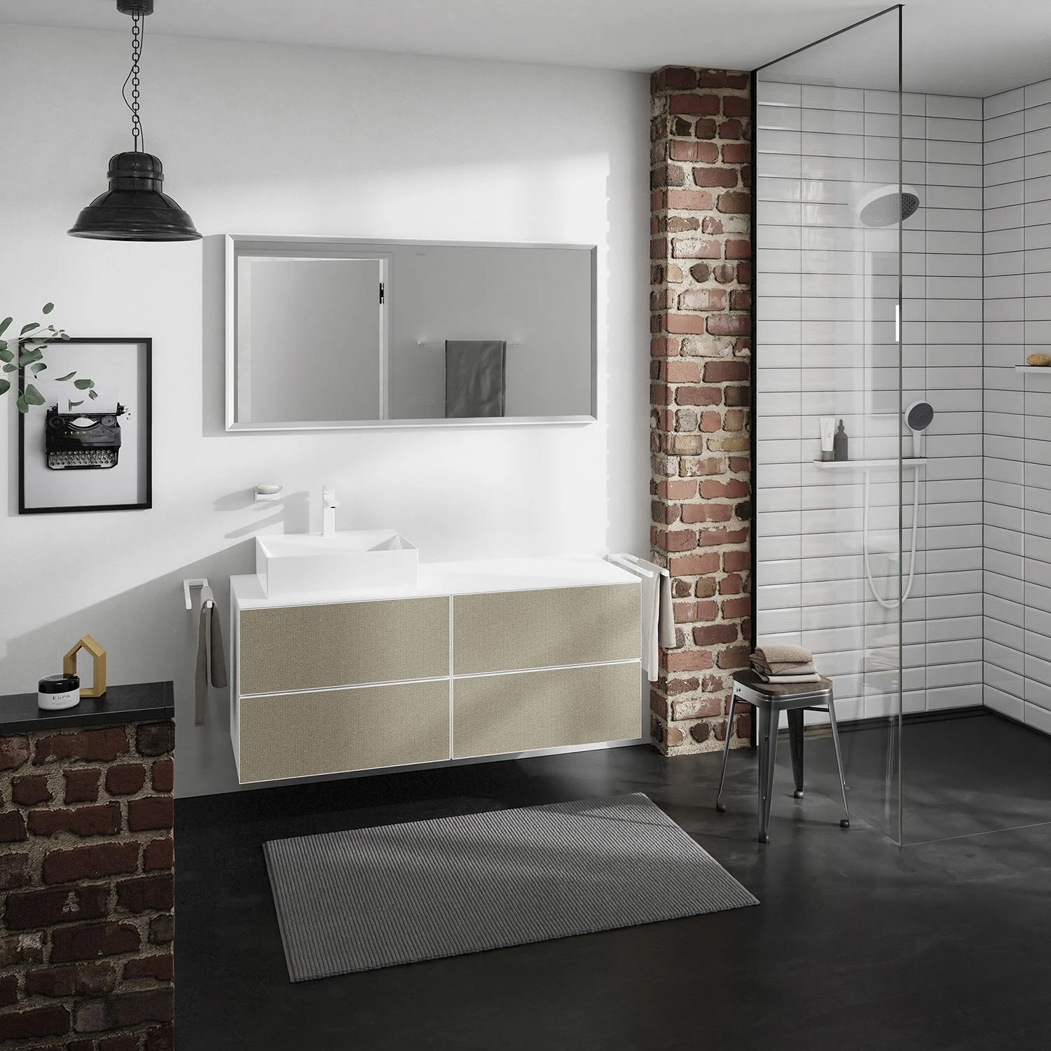 Łazienka z beżową szafką pod umywalkę, hansgrohe