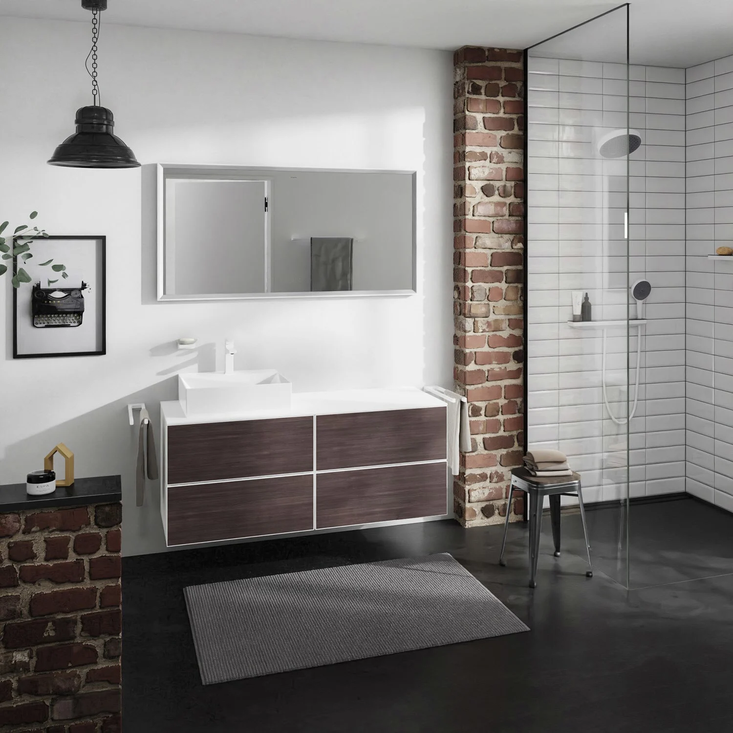 Łazienka z białą szafką pod umywalkę, hansgrohe