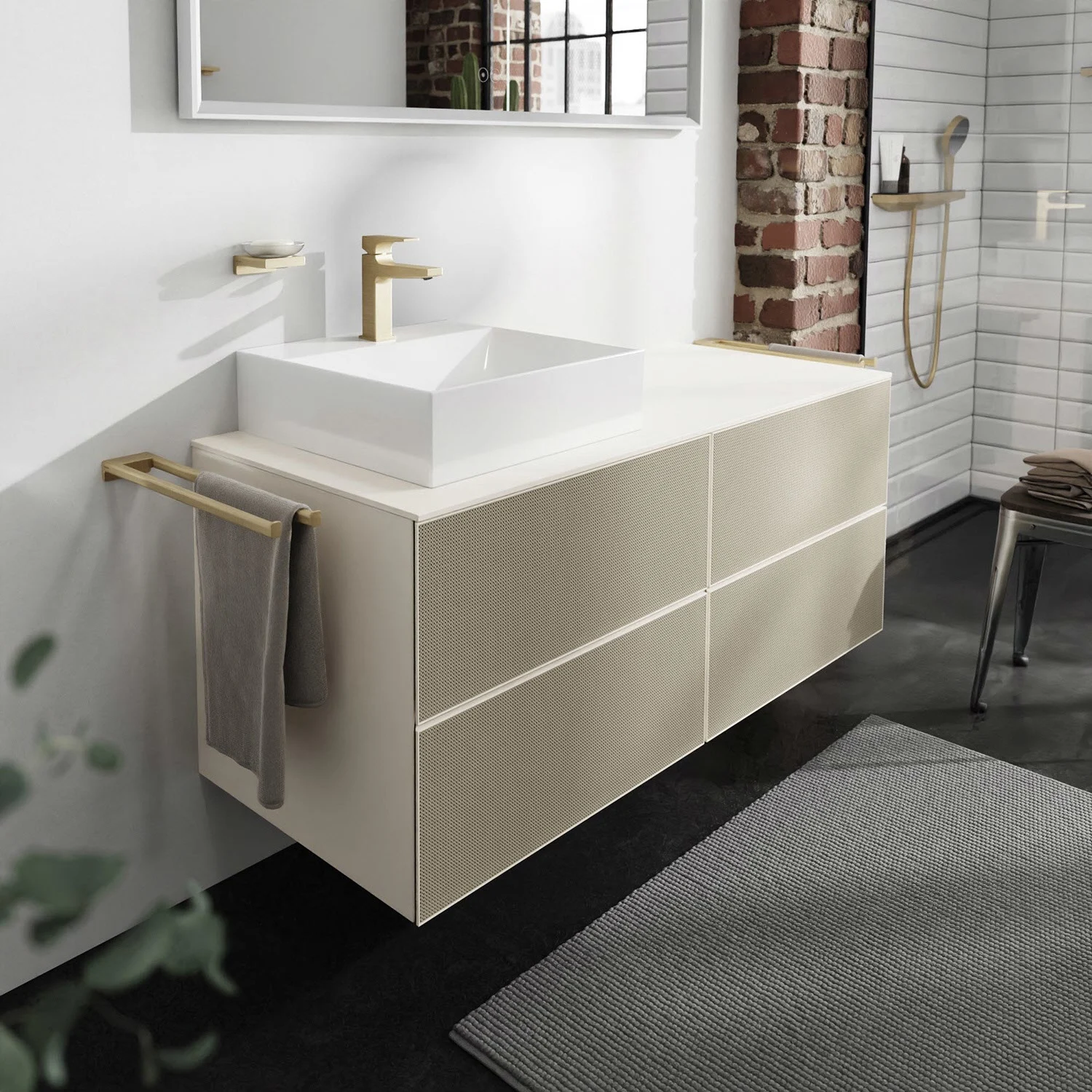 Jasna szafka pod umywalkę w nowoczesnej łazience, hansgrohe