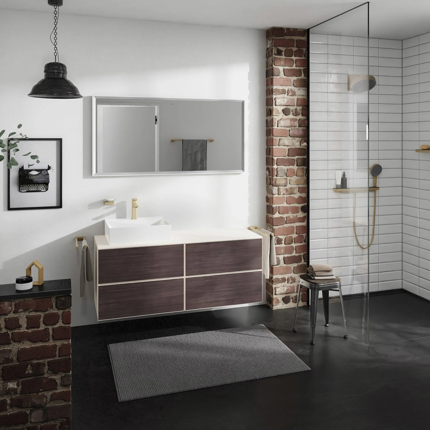 Łazienka z ciemną szafką pod umywalkę, hansgrohe