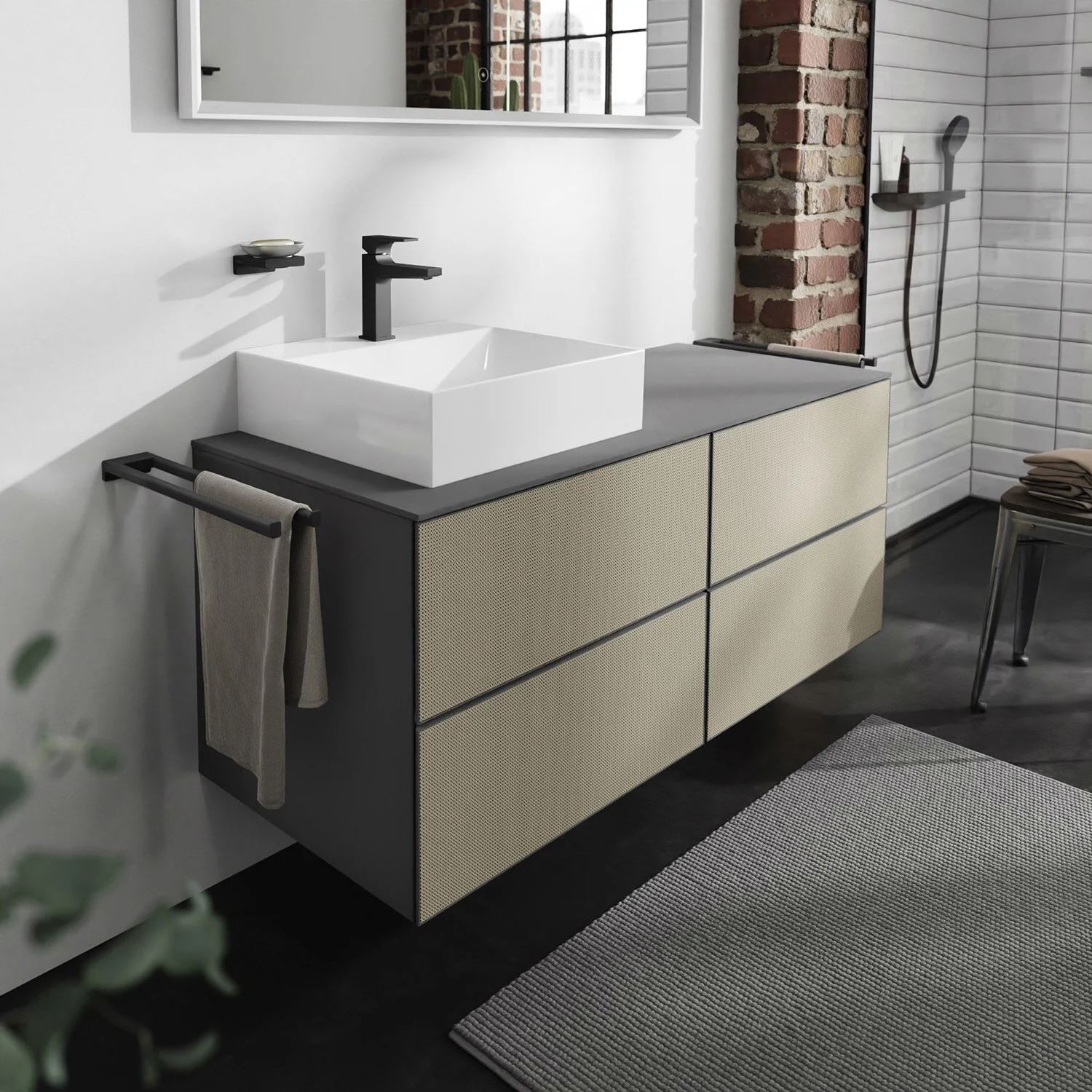 Szafka pod umywalkę w nowoczesnej łazience, hansgrohe