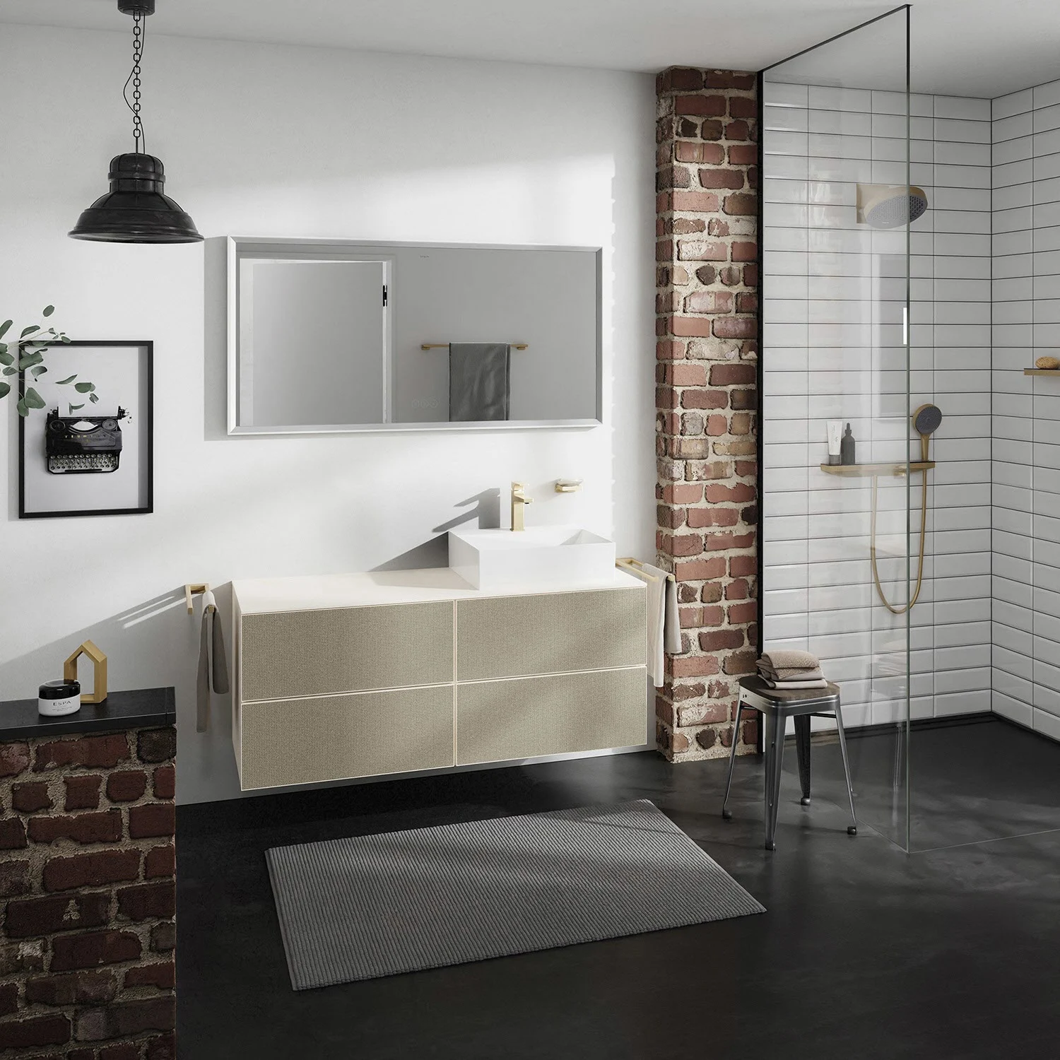 Łazienka z ceglaną ścianą i szafką pod umywalkę, hansgrohe