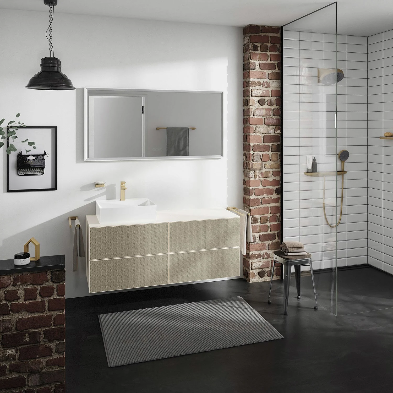 Łazienka z szafką pod umywalkę i prysznicem, hansgrohe