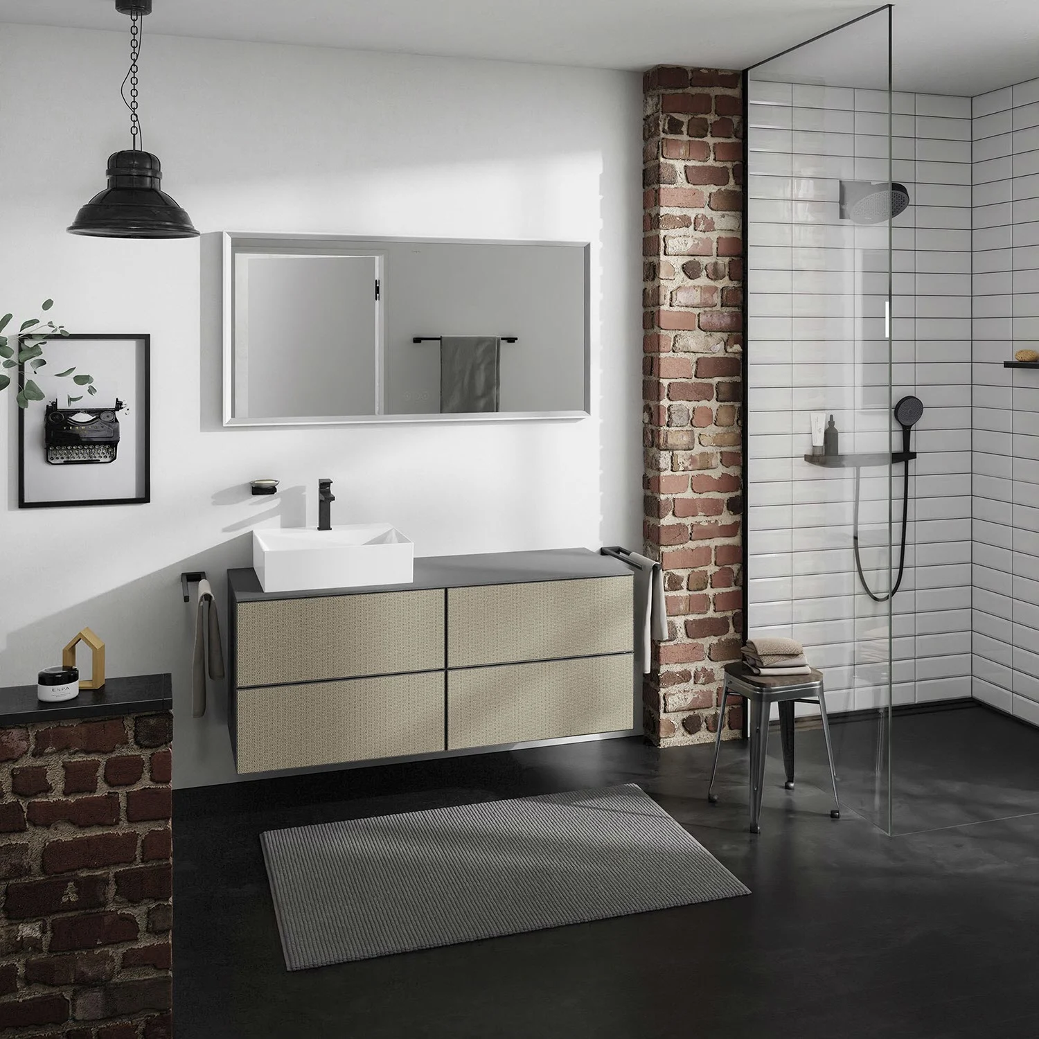 Łazienka z szafką pod umywalkę i ceglaną ścianą, hansgrohe