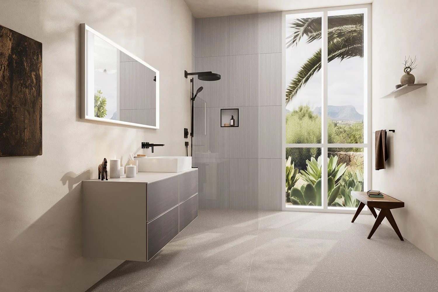 Nowoczesna łazienka z szafką pod umywalkę i prysznicem, hansgrohe