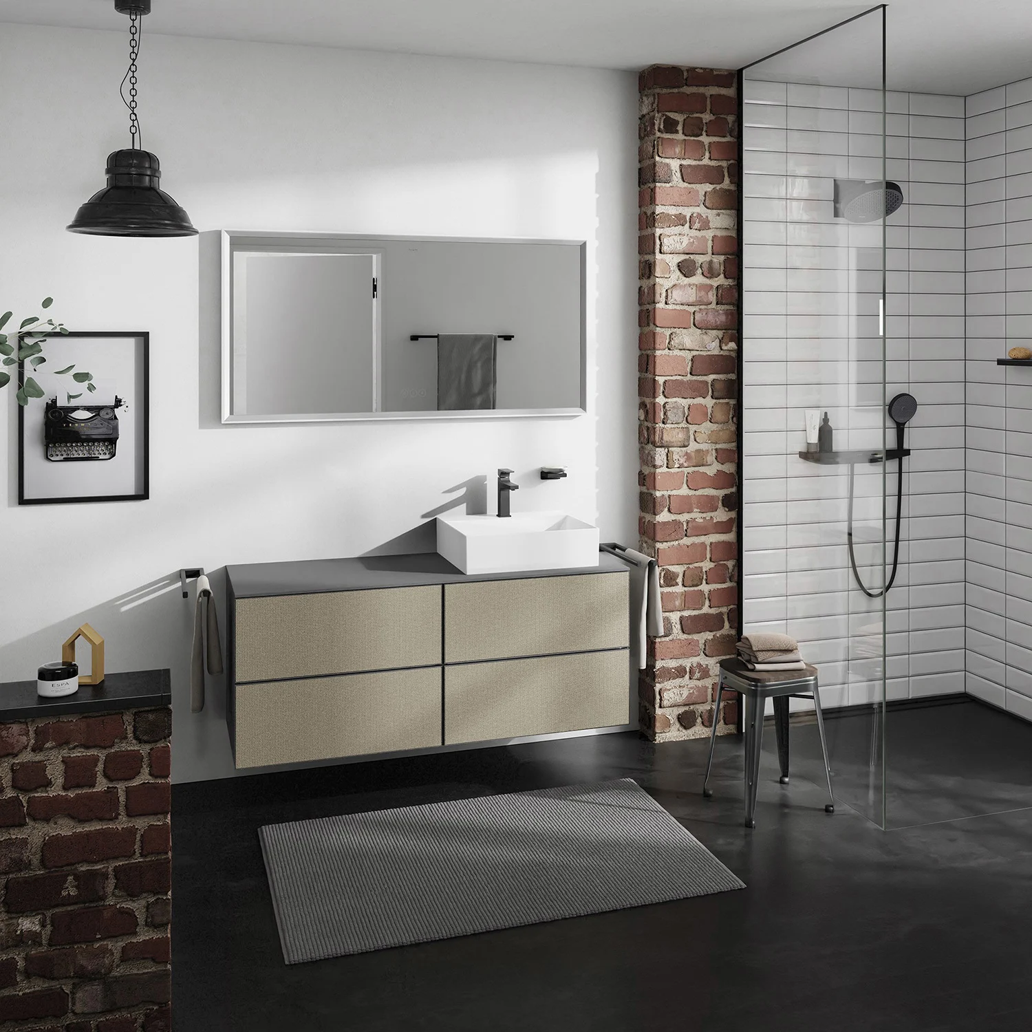 Łazienka z szafką pod umywalkę i strefą prysznicową, hansgrohe
